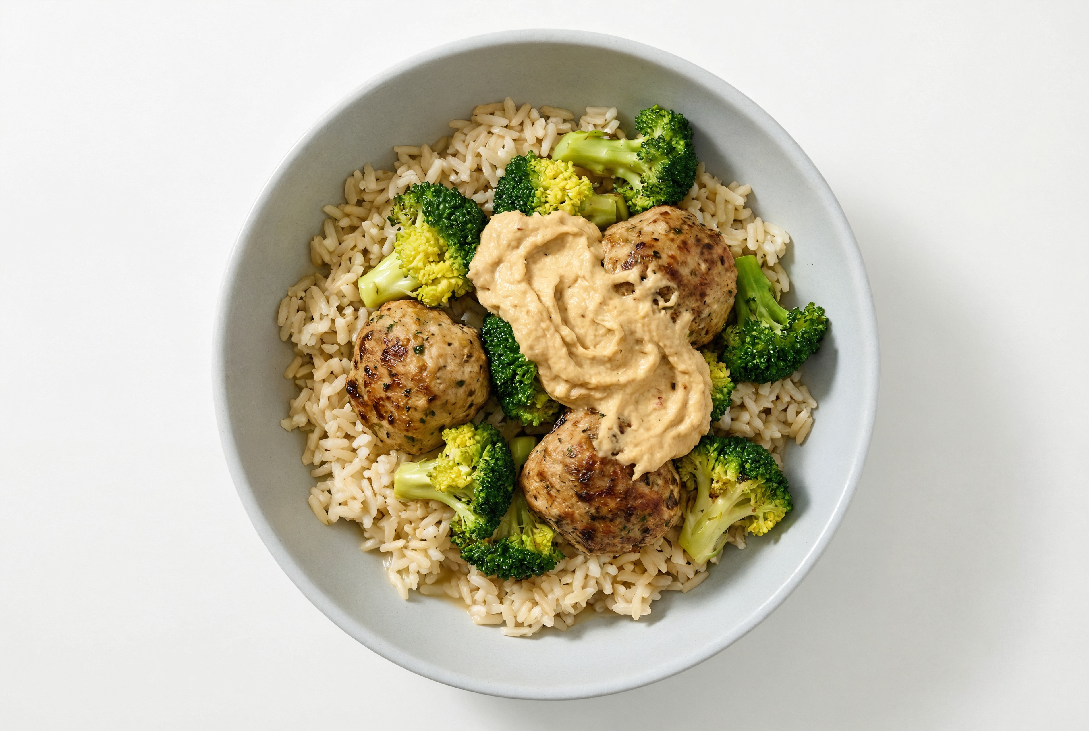 Turkey Meatball Rice Bowl with Onion Hummus & Organic Broccoli