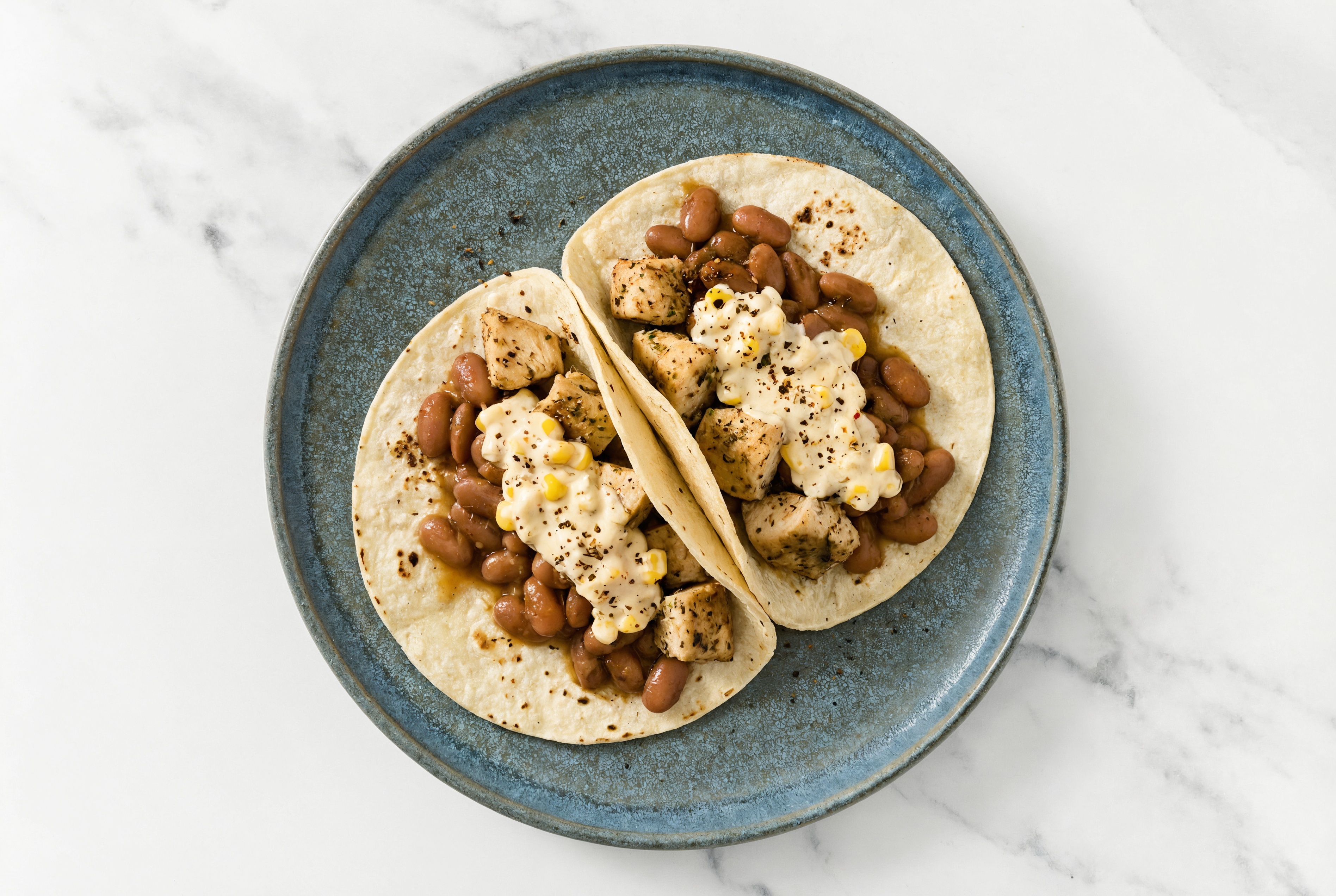Garlic Chicken Tacos with Street White Corn Tortillas Sauce & Pinto Beans