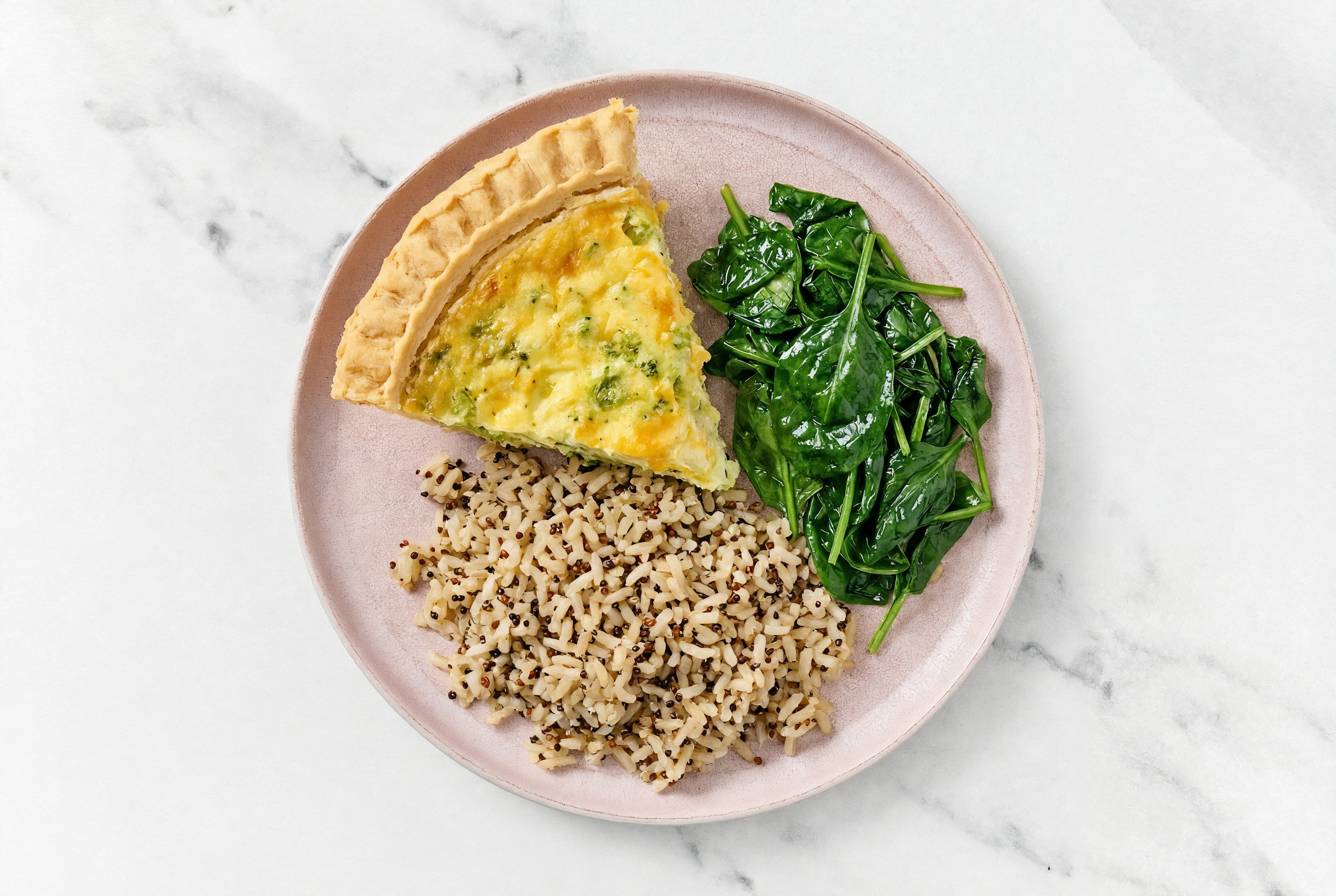 Broccoli & Cheddar Quiche with Baby Spinach & Quinoa Blend