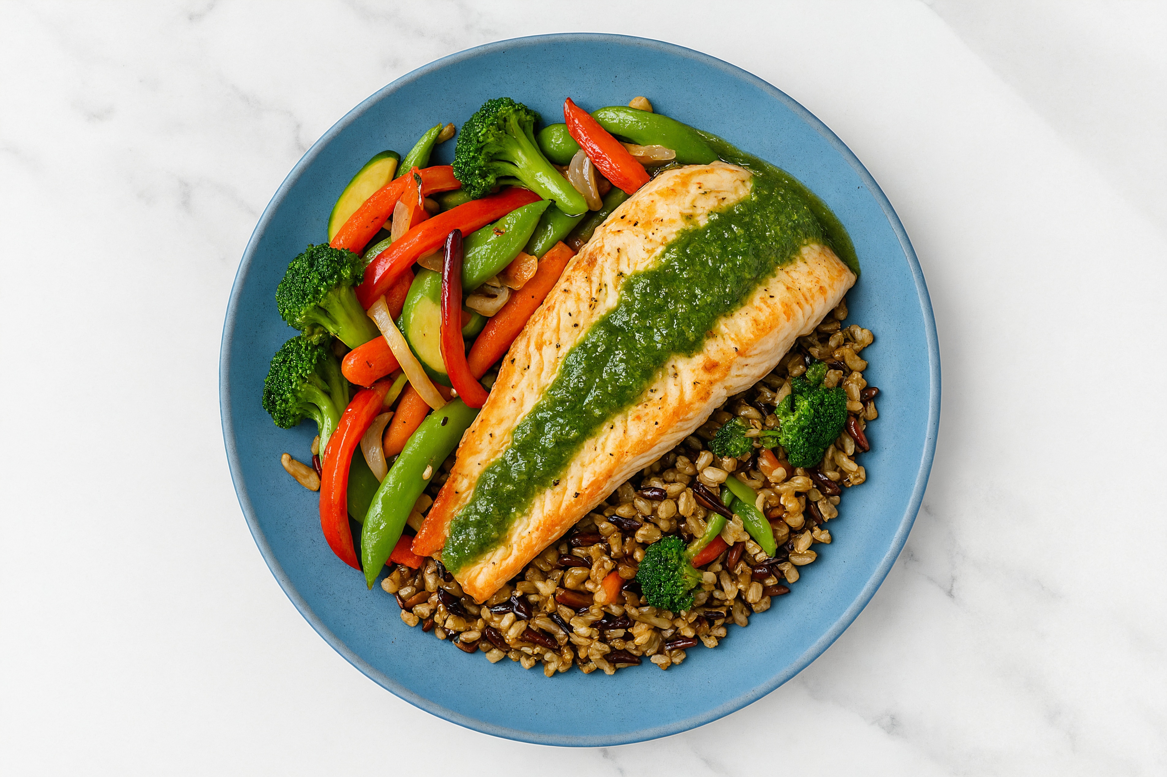 Pesto Trout + Seven Grain Bowl with Sautéed Veggies