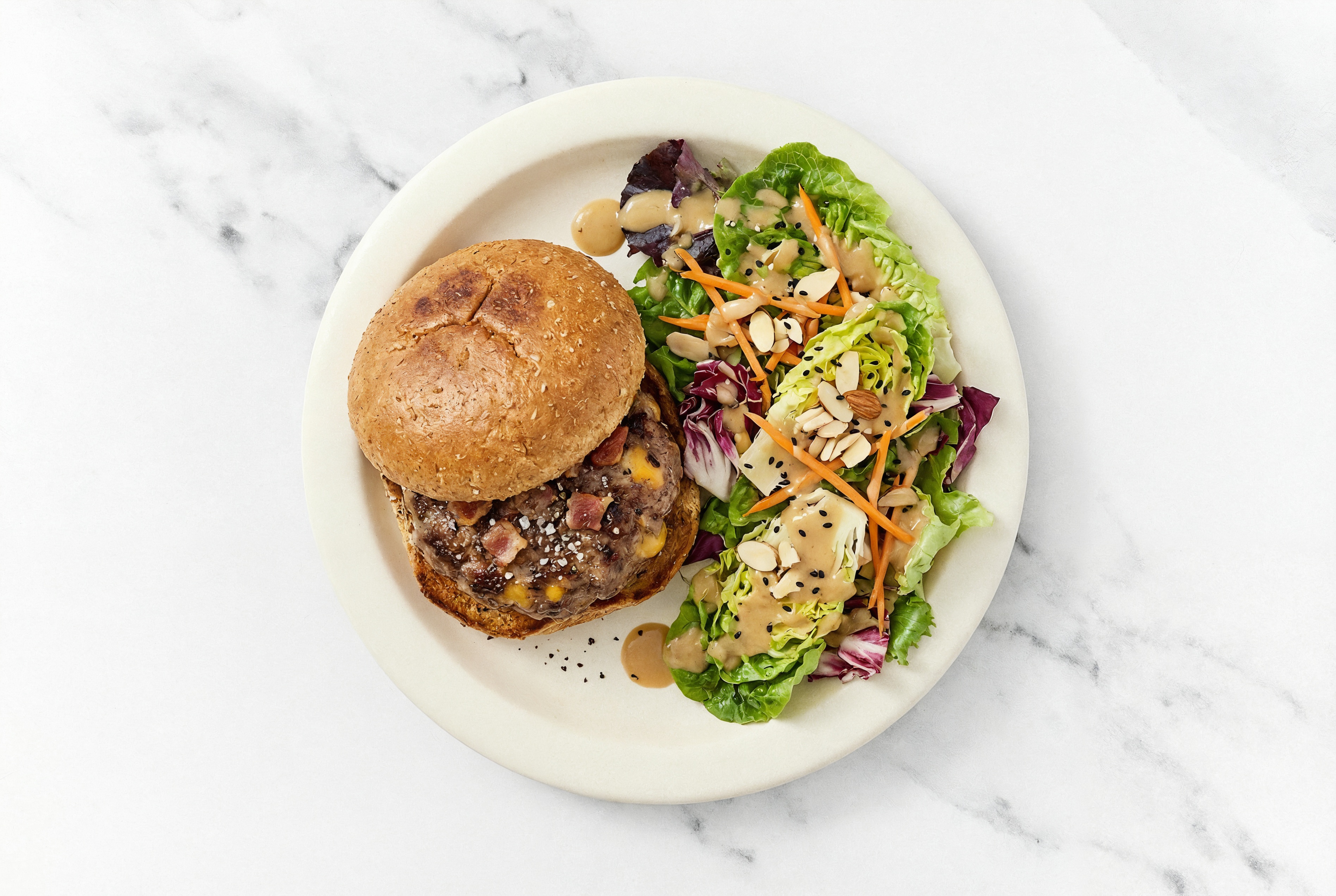 Bacon + Cheddar Beef Burger with Little Miso Ginger Kit Gem Salad