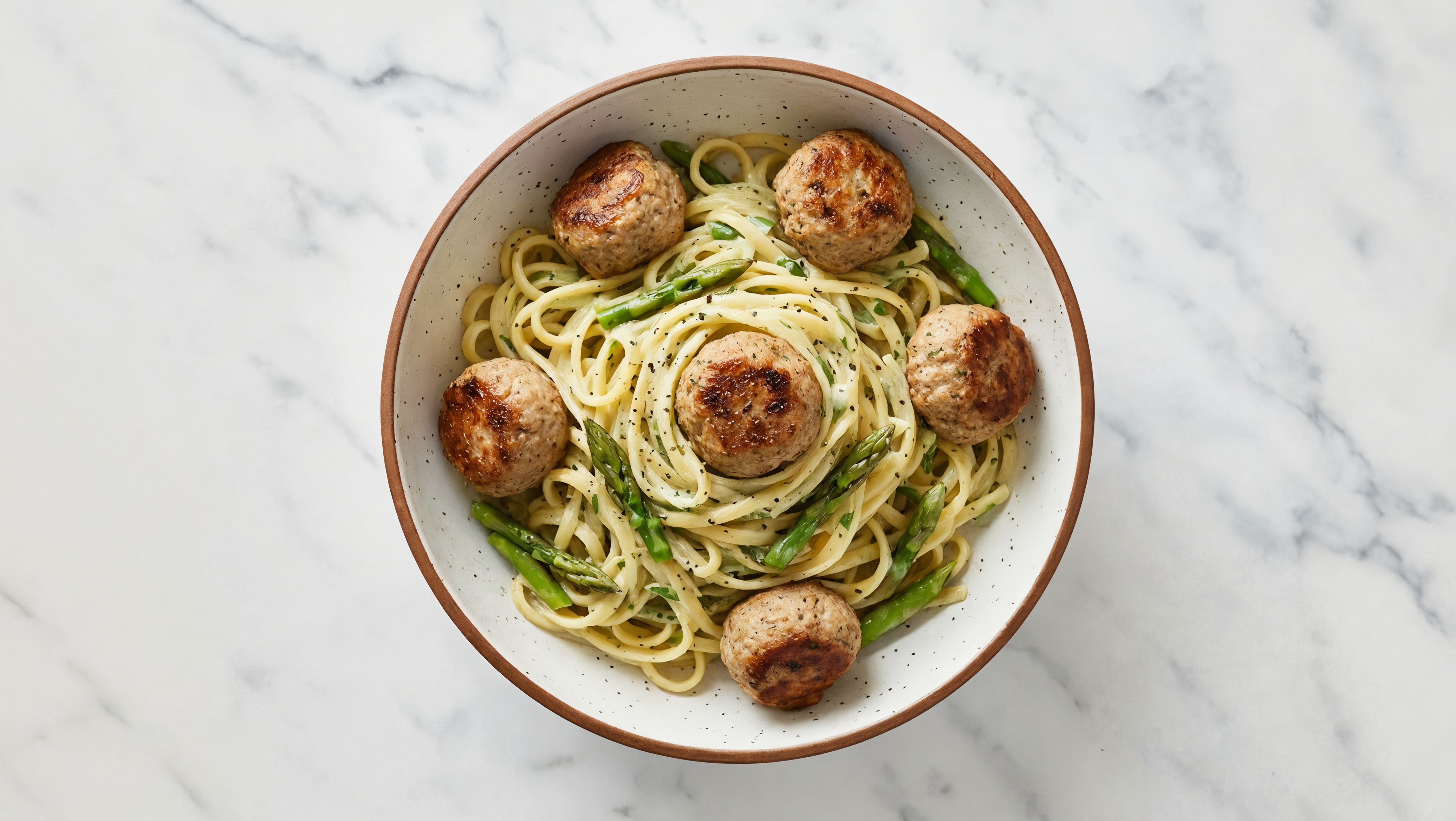 Creamy Herb White Sauce Primavera Linguine + Turkey Meatballs
