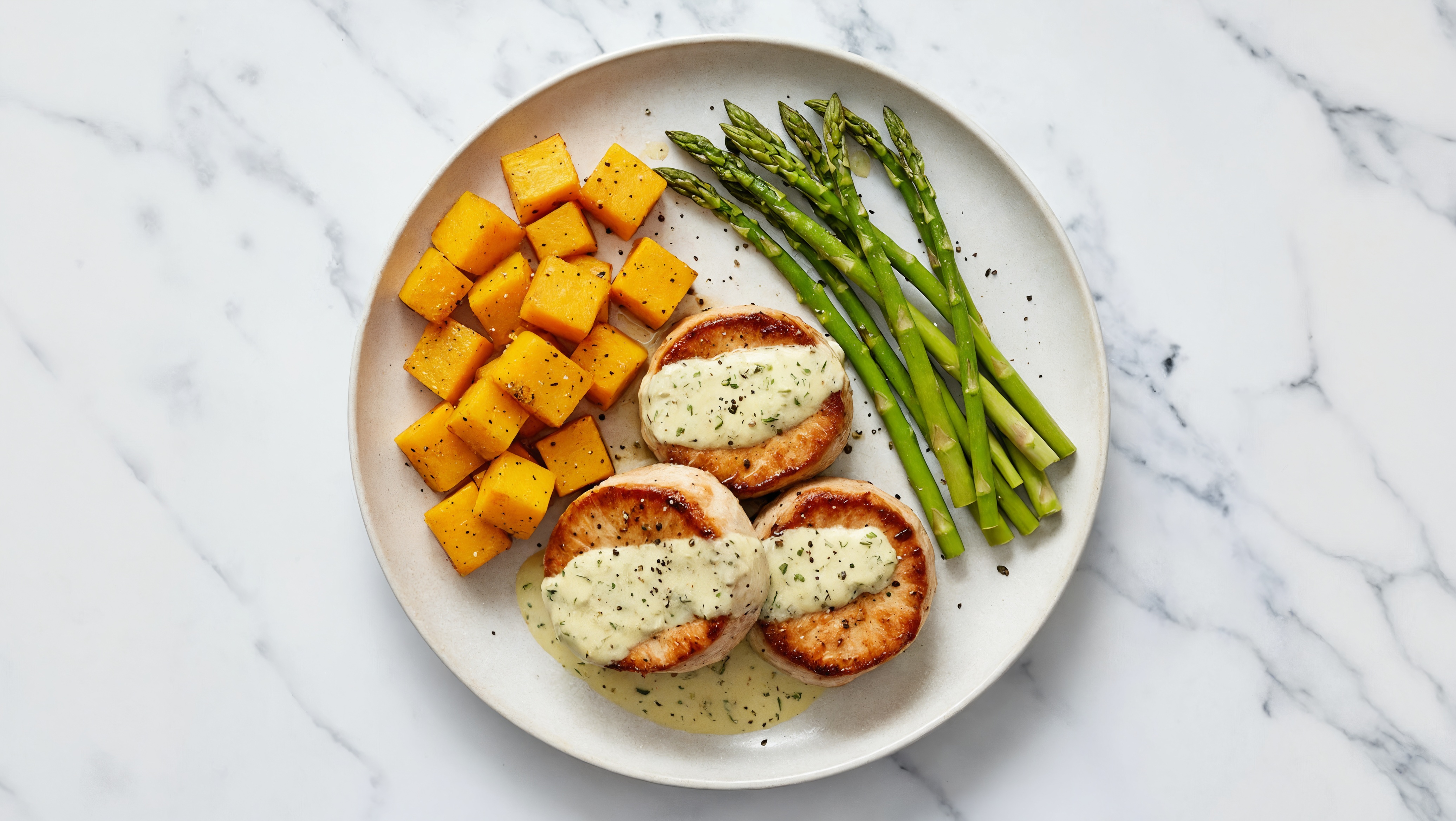 Creamy Herb Smothered Pork Tenderloin with Asparagus & Roasted Butternut Squash