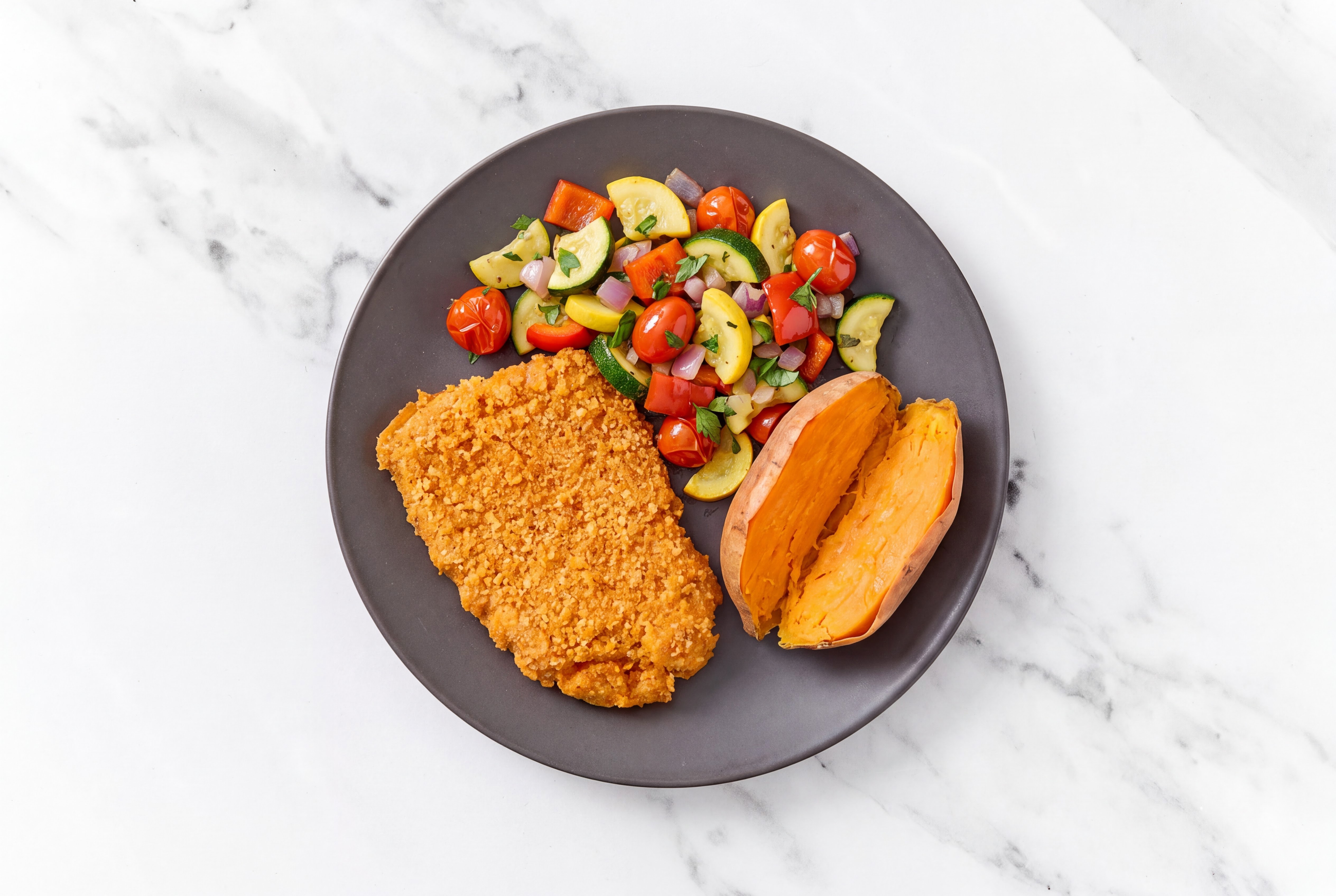 Hot Honey Breaded Chicken Cutlet with Squash Skillet & Sweet Potato