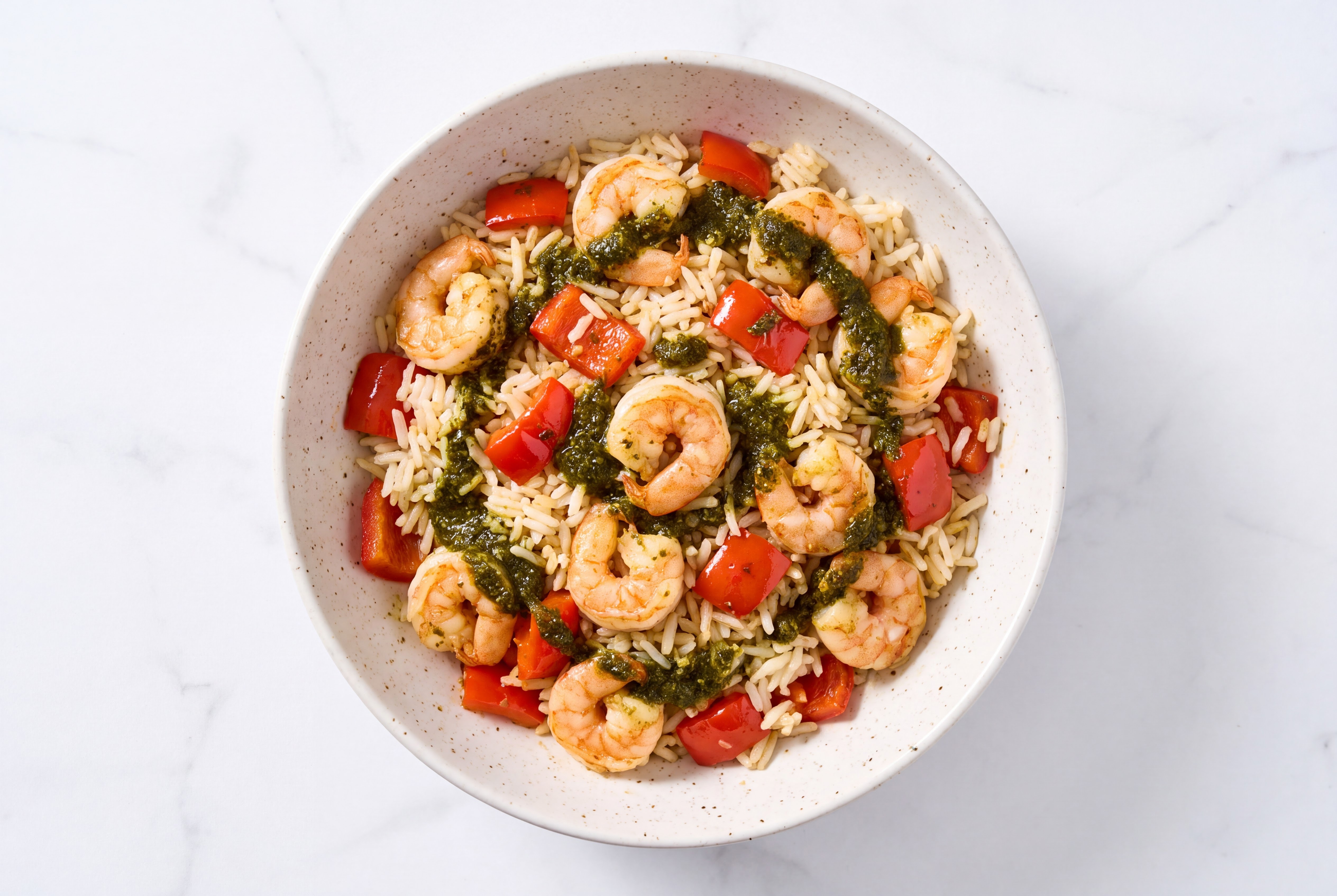 Savory Herby Medium Cooked Shrimp Fajita Long Grain White Rice Bowl