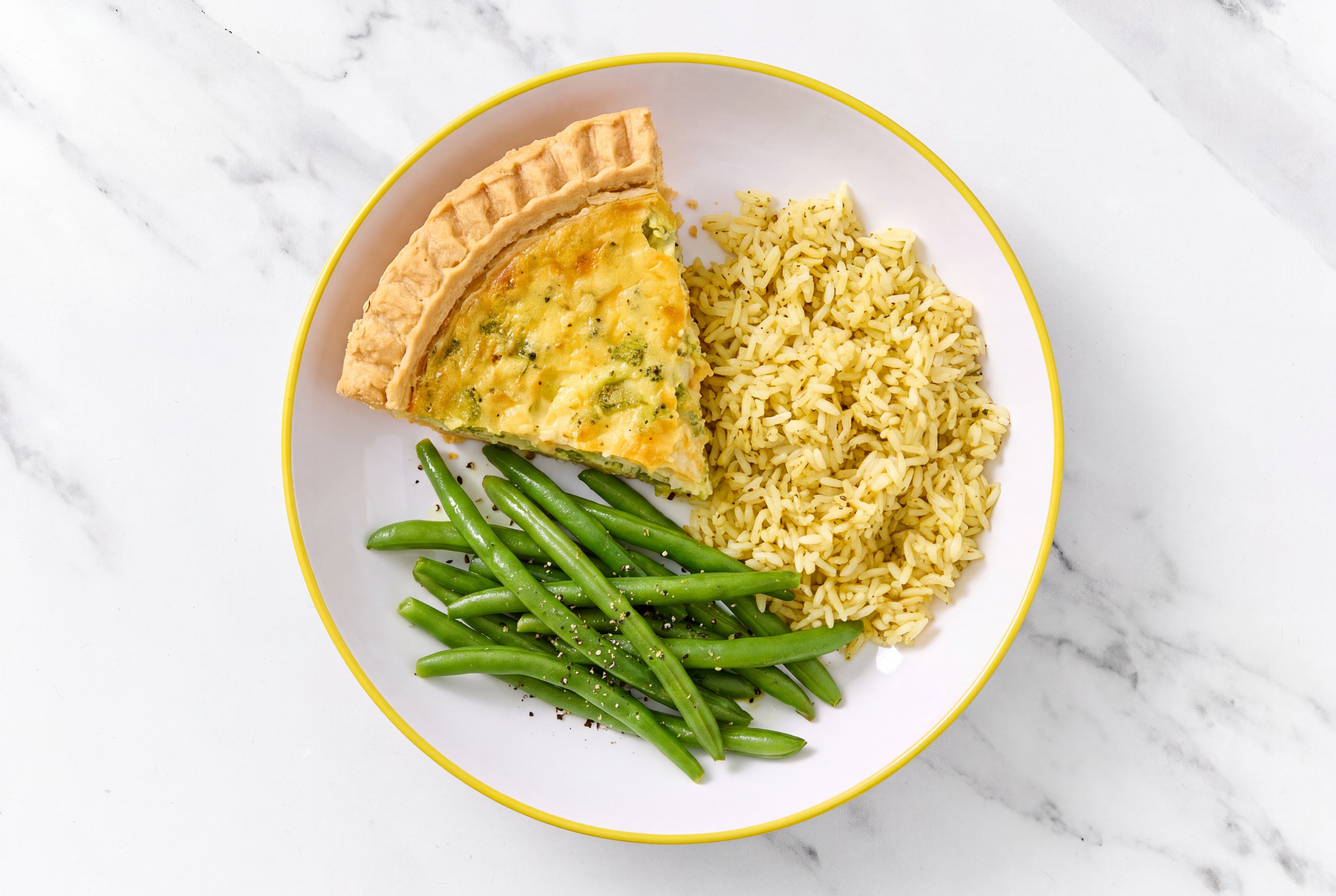 Broccoli & Cheddar Quiche with Green Beans & Jasmine Rice
