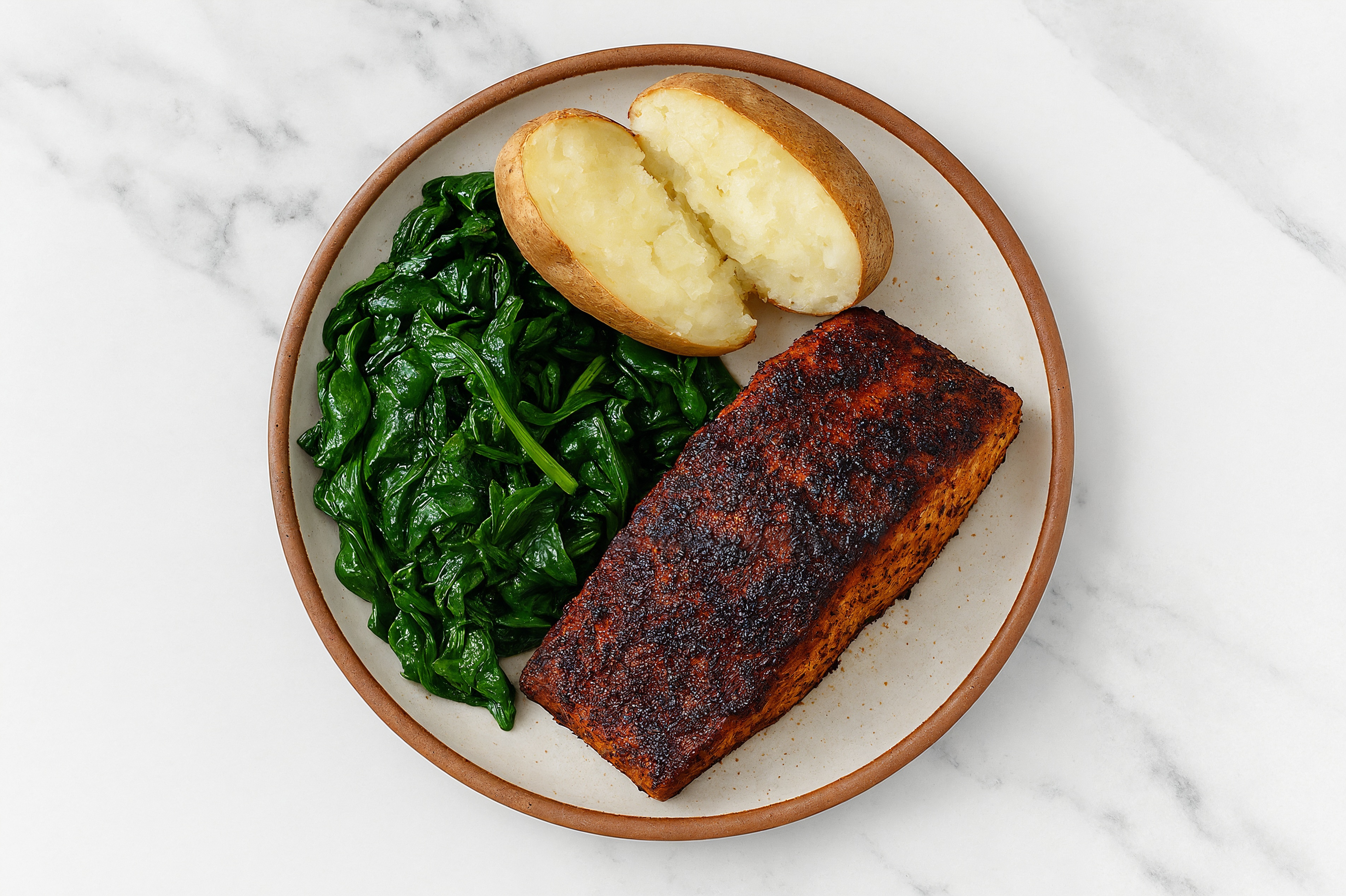 Blackened Halibut, Potato + Baby Spinach