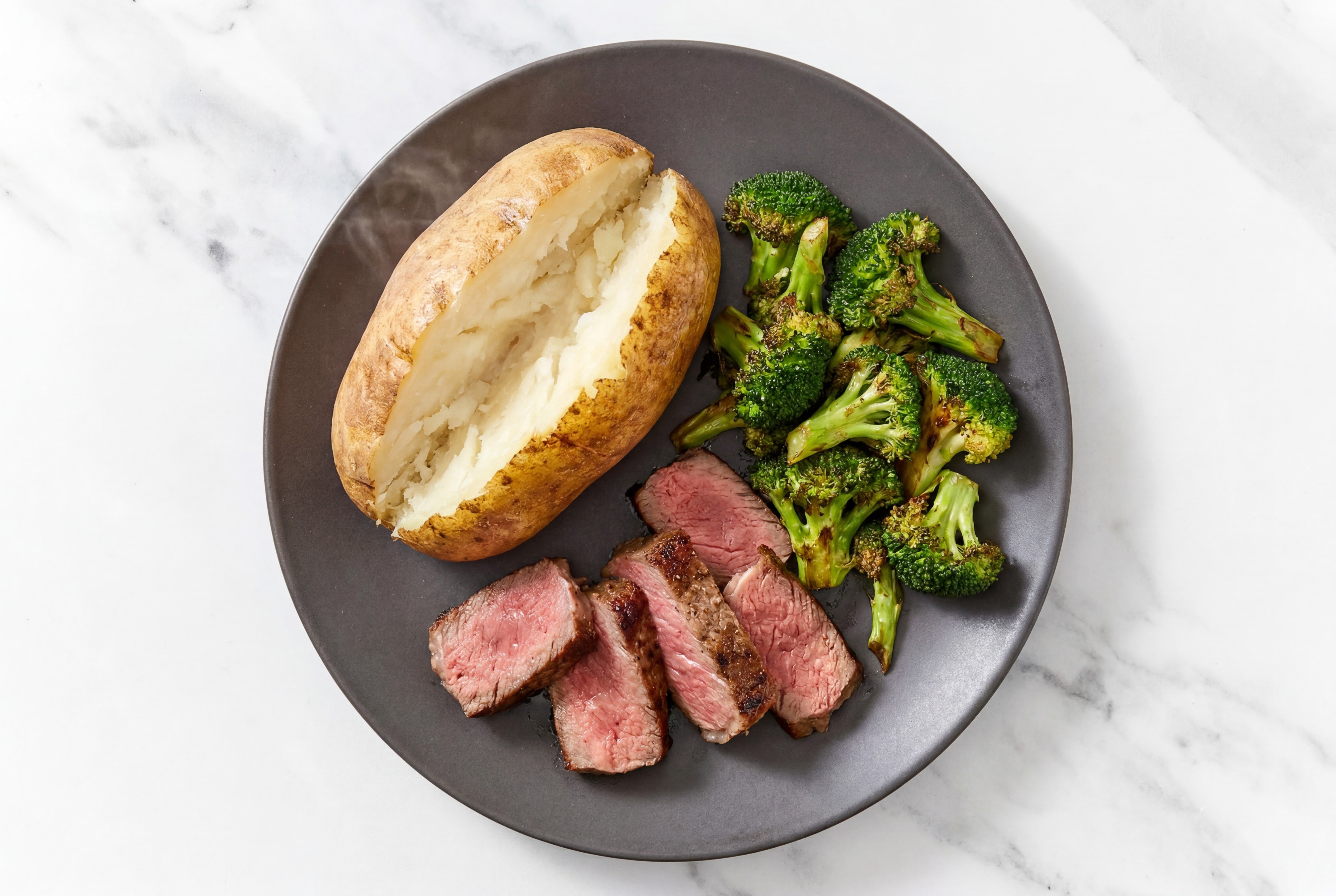 Strip Steak with Broccoli Bunches + Baked Microwave-Ready Russet Potato
