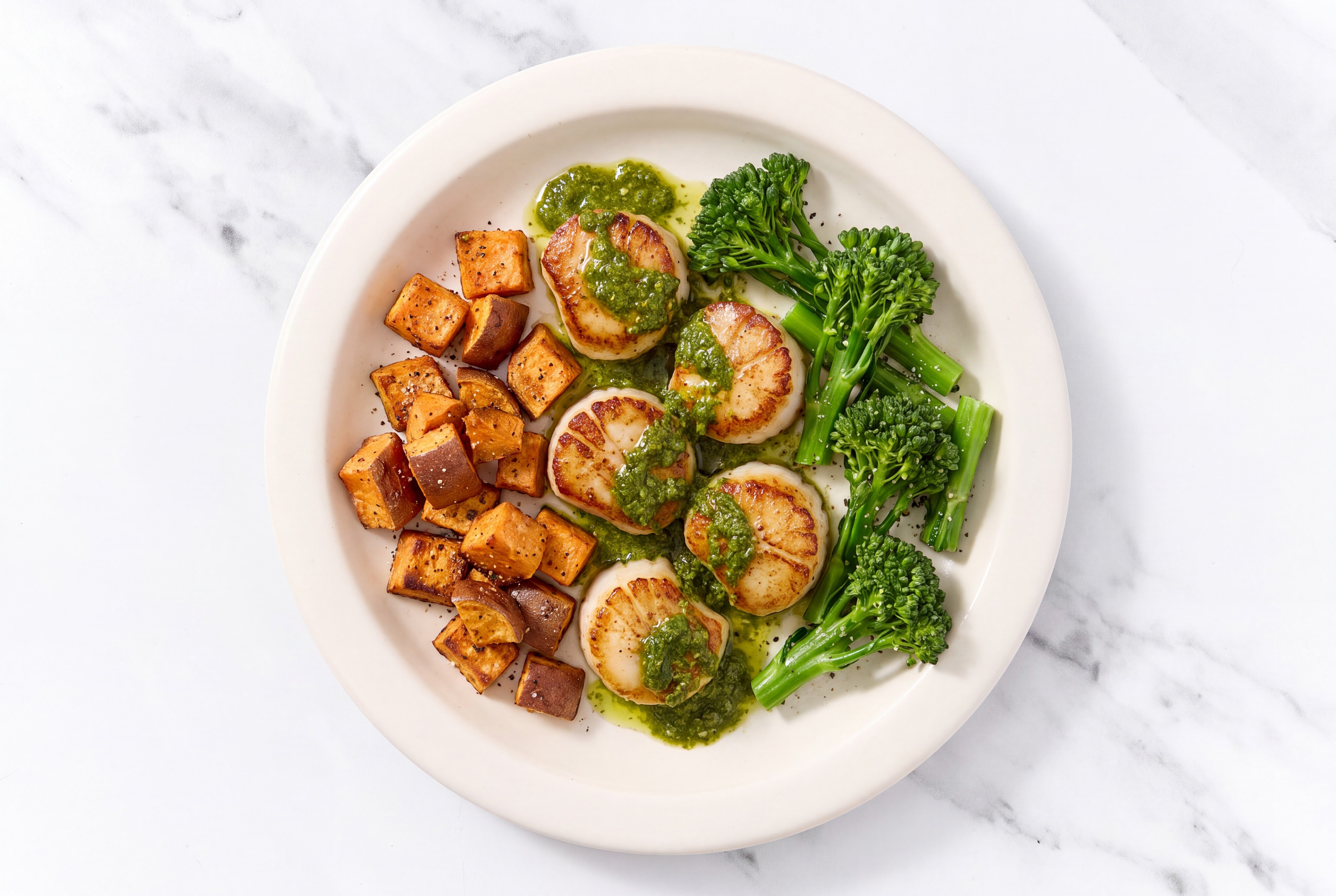 Seared Chimichurri Jumbo Scallops + Crispy Sweet Potatoes