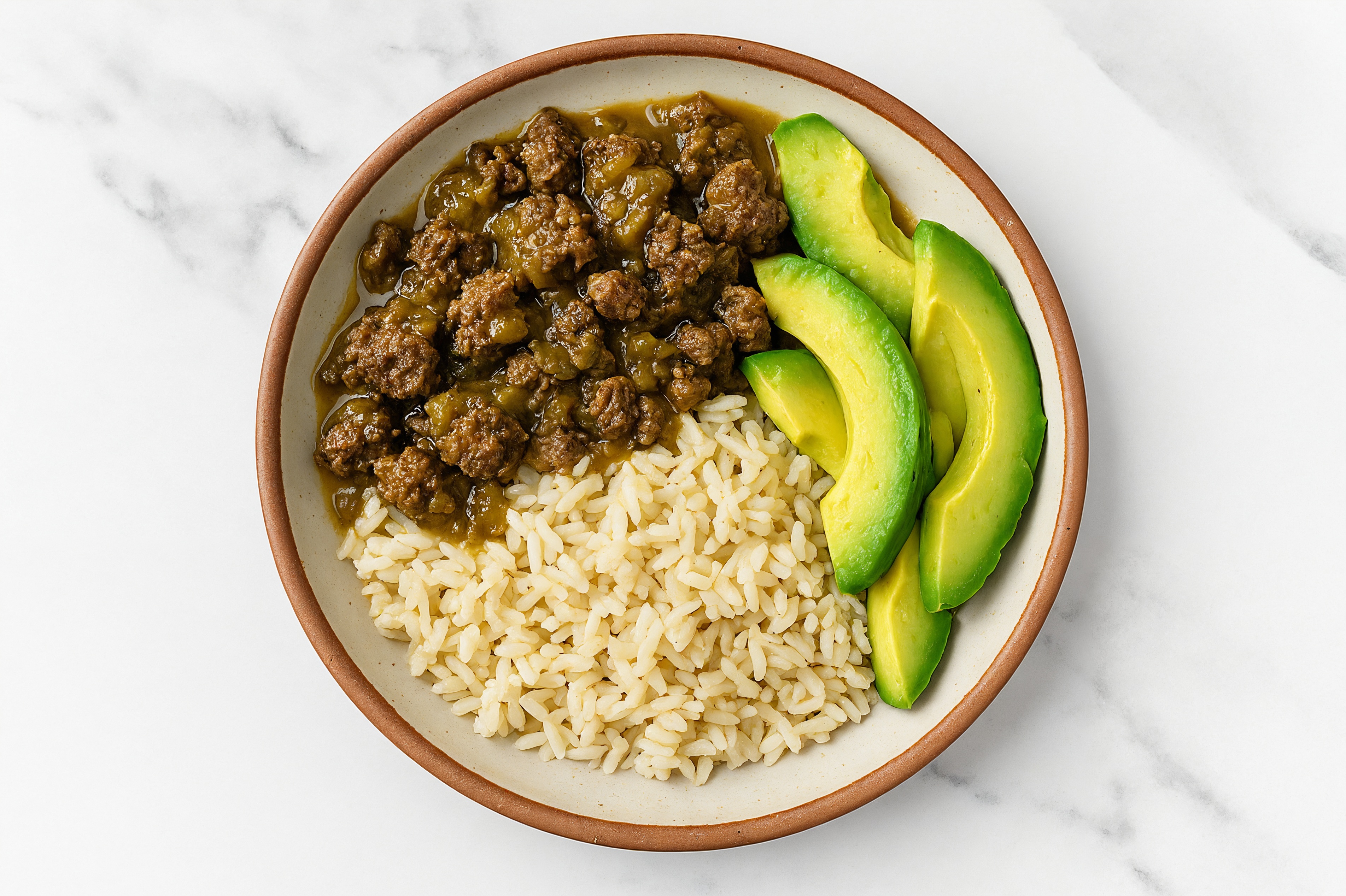 Ground Beef, Green Chile + Avocado Rice Bowl