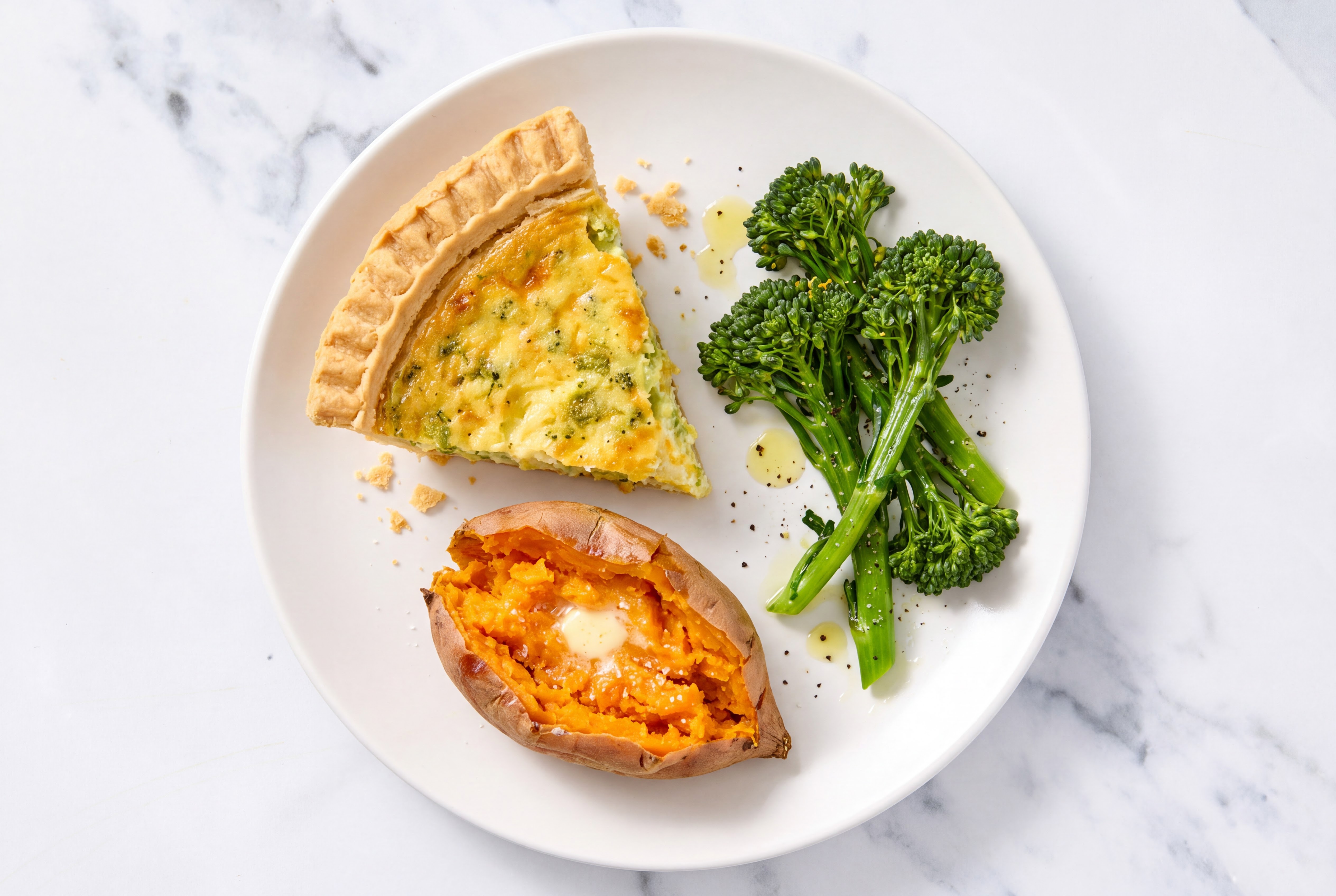 Broccoli & Cheddar Quiche with Baby Broccoli & Sweet Potato