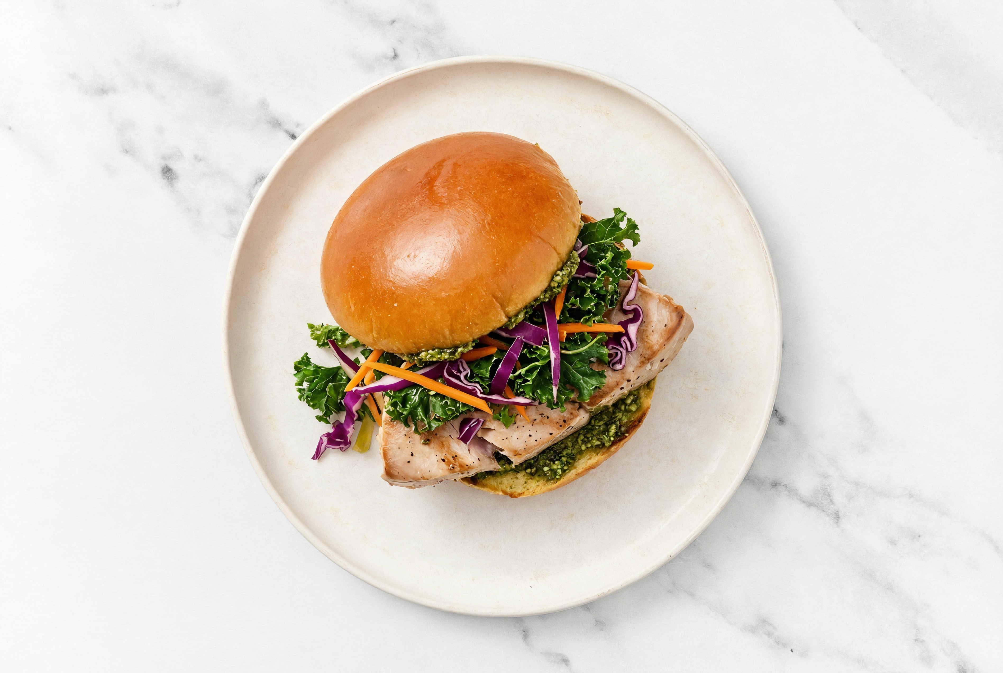 Pesto Tuna Sandwich on Brioche with Rainbow Veggies