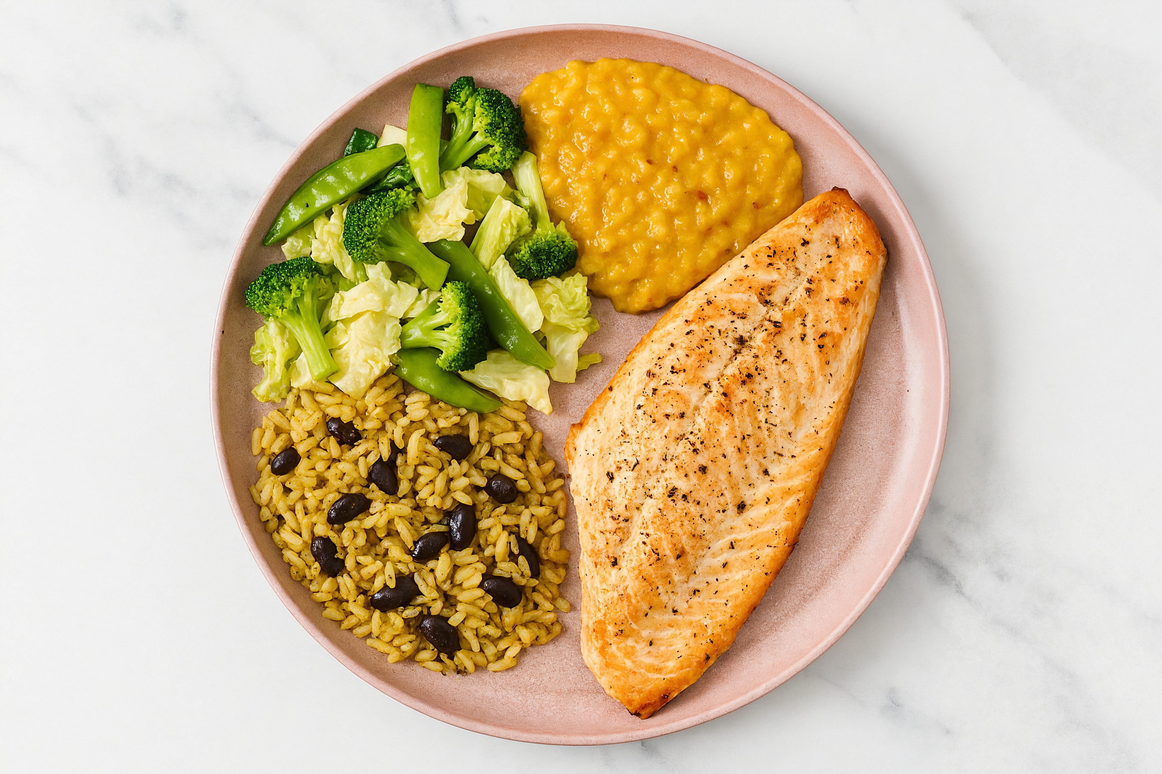 Seared Trout + Bok Choy Red Lentil Bowl with Seasoned White Rice + Black Beans