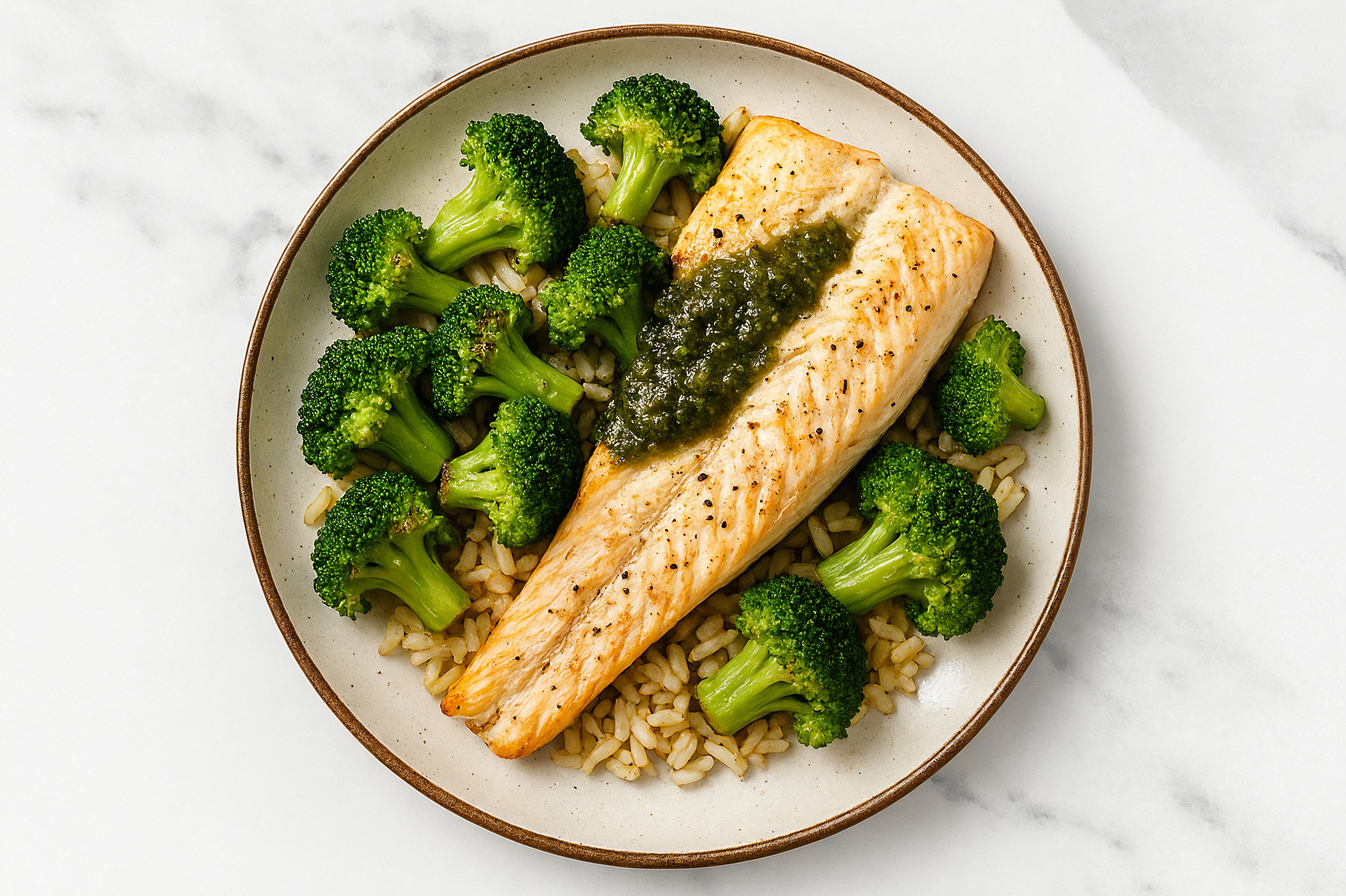 Pesto Trout + Rice Bowl with Broccoli