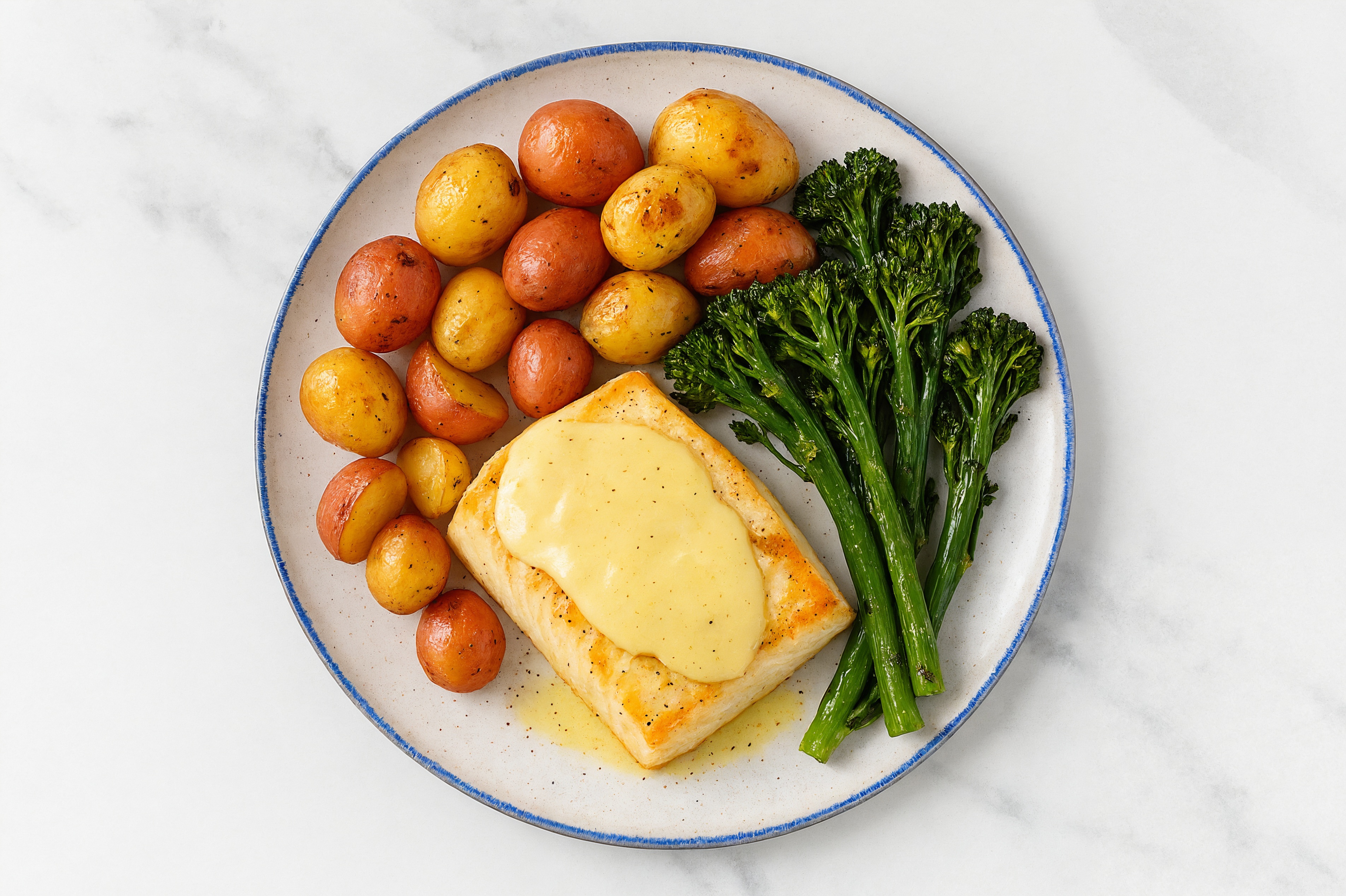 Roasted Halibut + Creamy(er) Potatoes with Sweet Baby Broccoli
