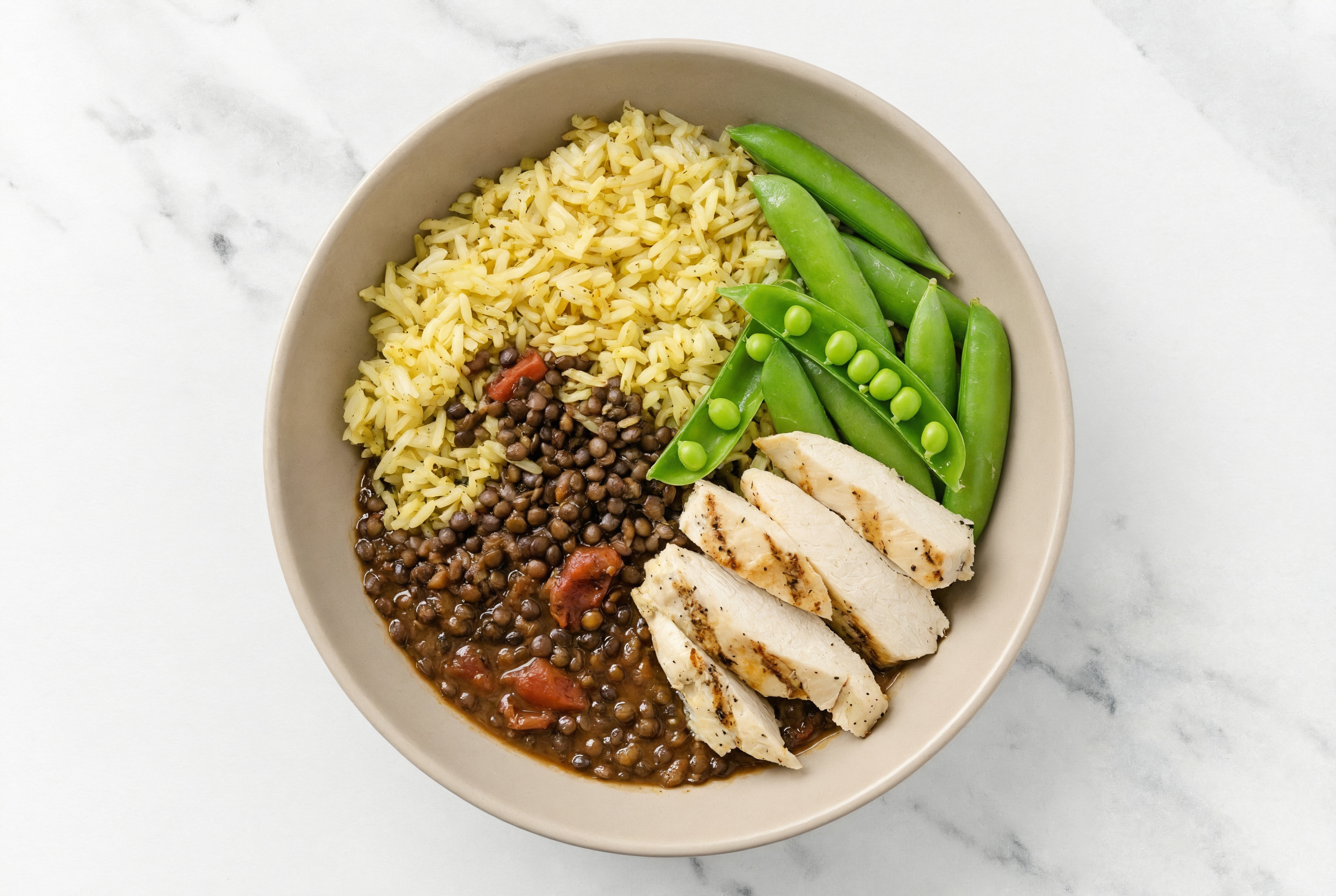 Simple Chicken + Black Lentil Dal Grain Bowl with Seasoned Jasmine Rice