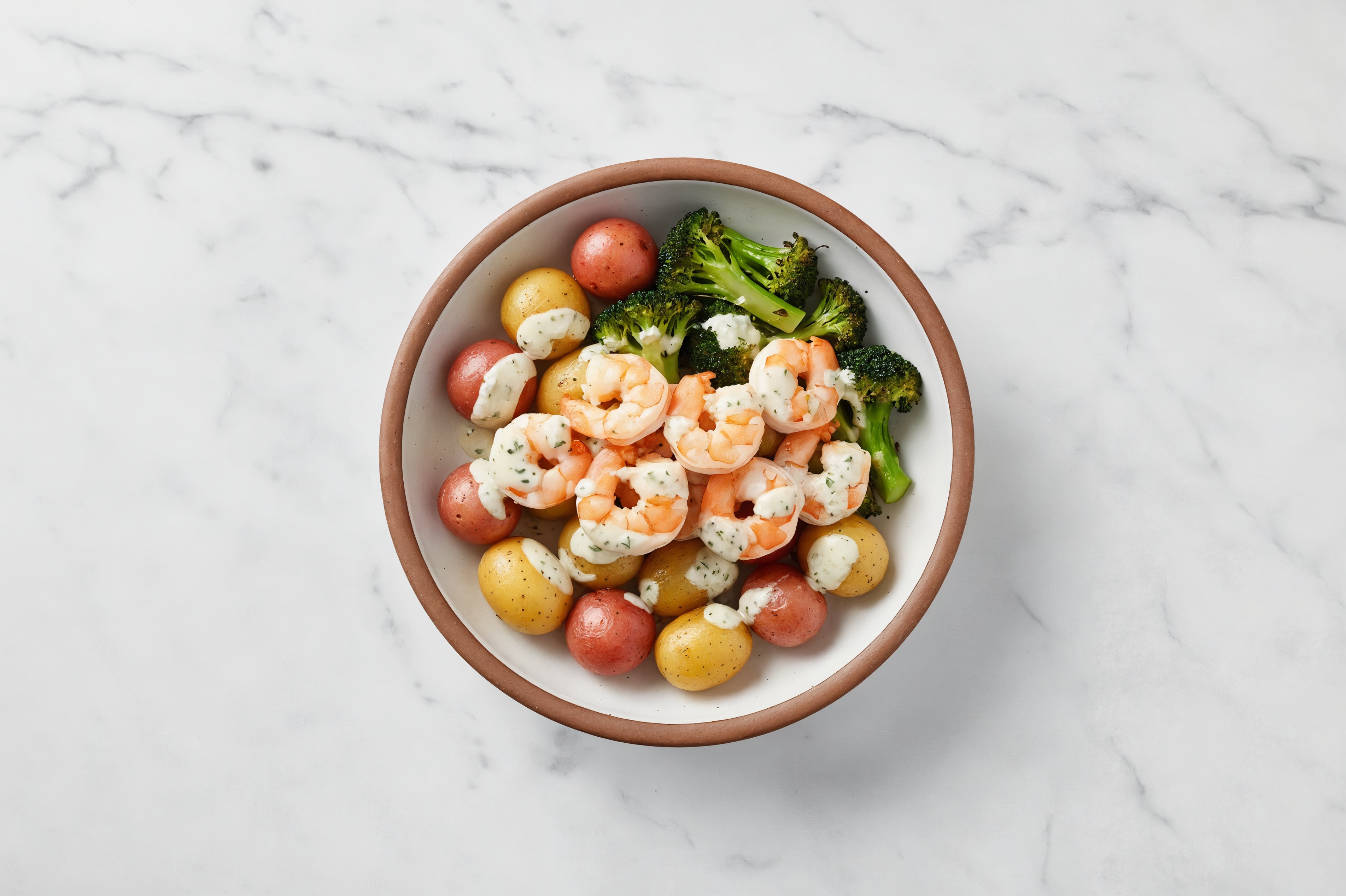 Garlicky Shrimp + Organic Broccoli Potato Bowl