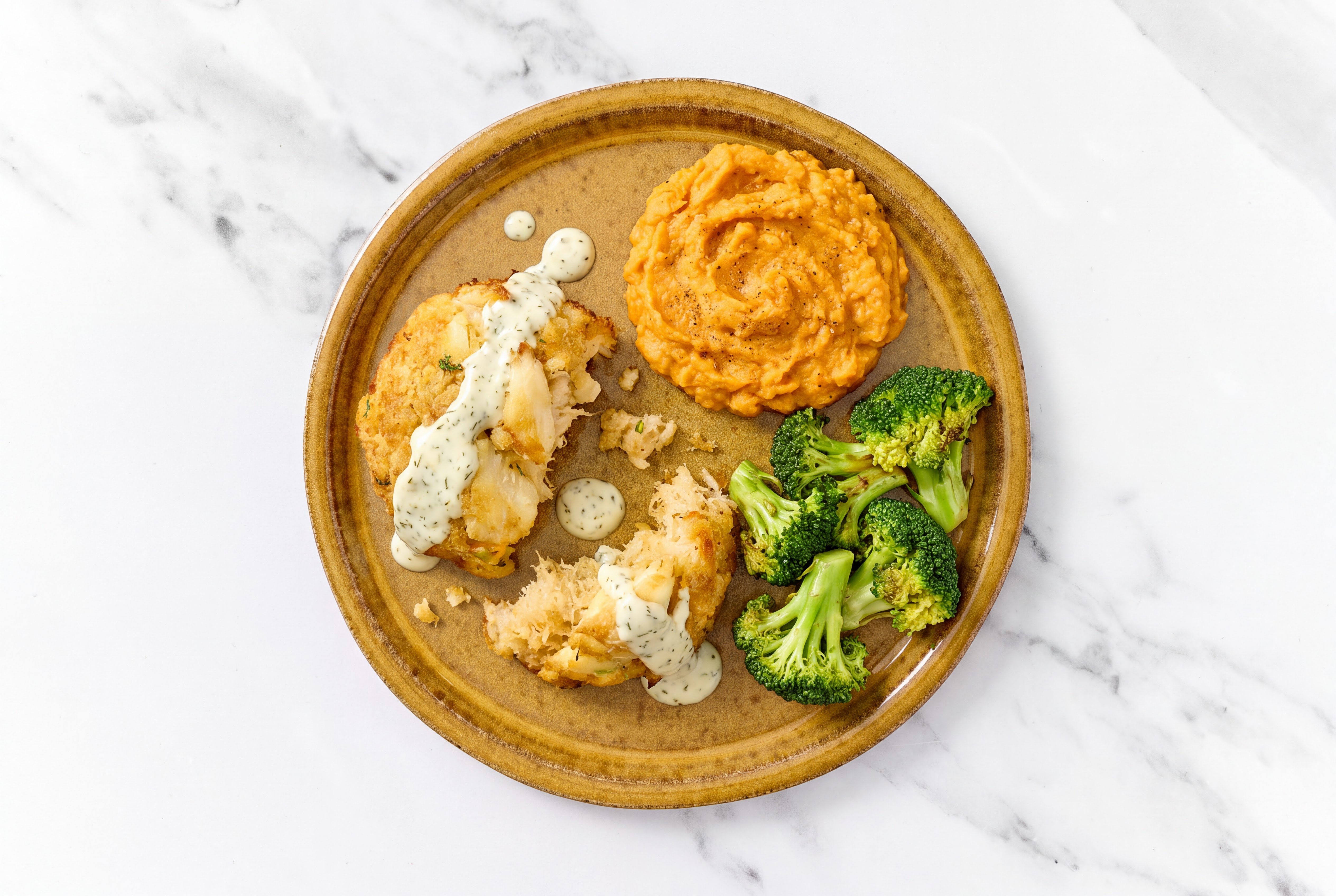 Herby Dill Jumbo Lump Crab Cakes with Sweet Potato Mash