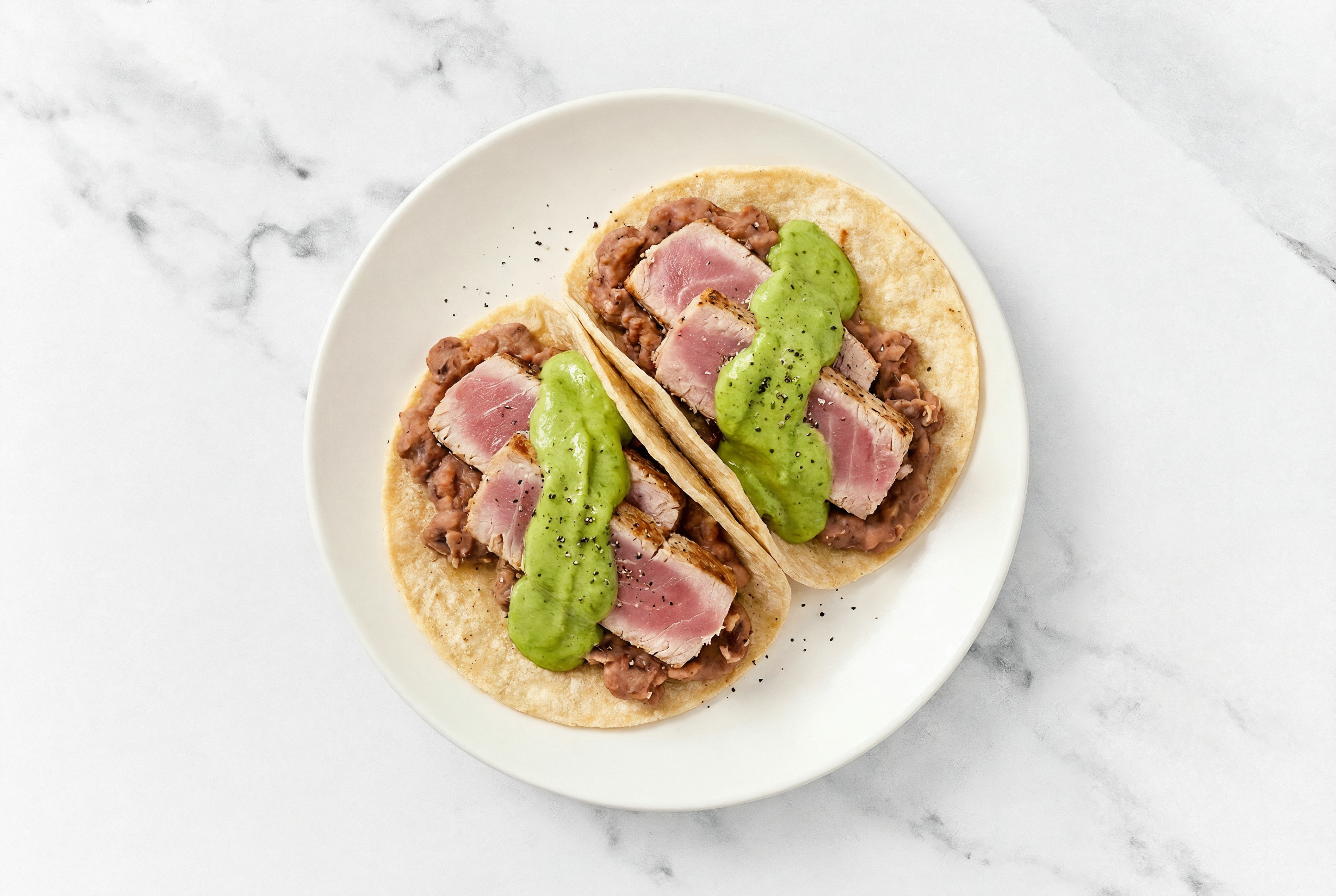 Refried Red Bean Tacos with Seared Tuna & Avocado