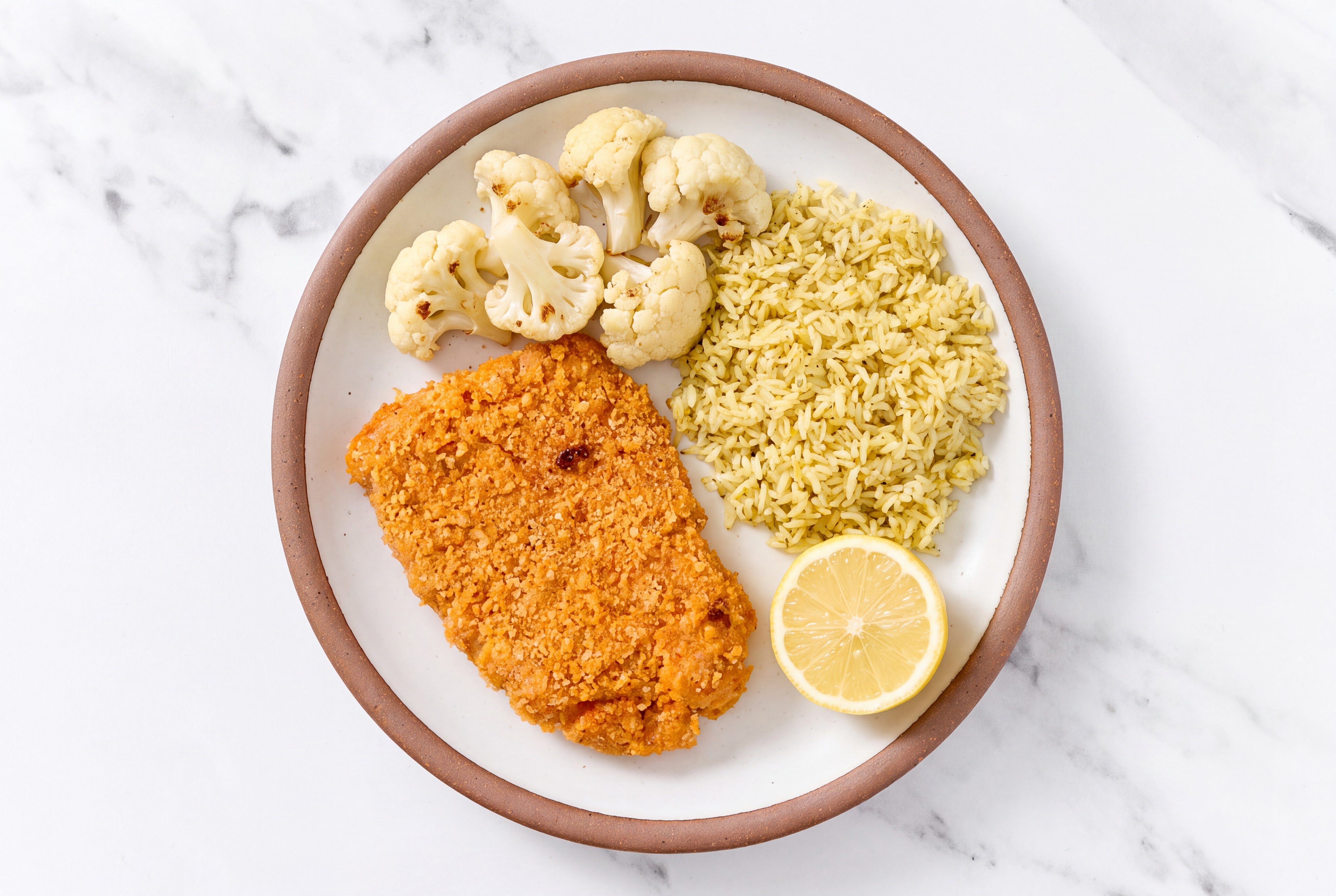 Lemon Hot Honey Breaded Chicken Cutlet with Cauliflower Florets & Jasmine Rice