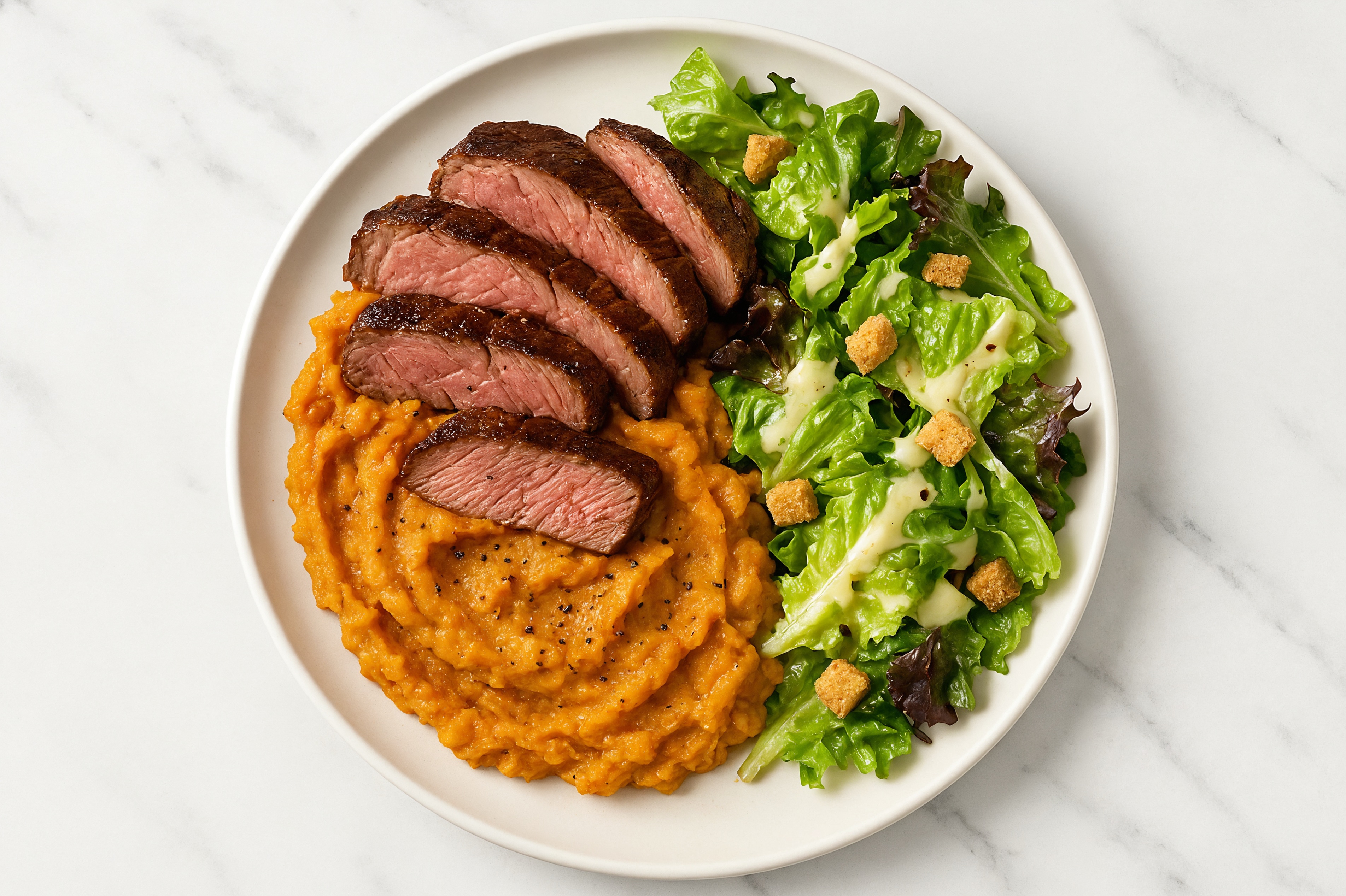 Steak n' Sweet Potato Mash Bowl + Little Gem Salad