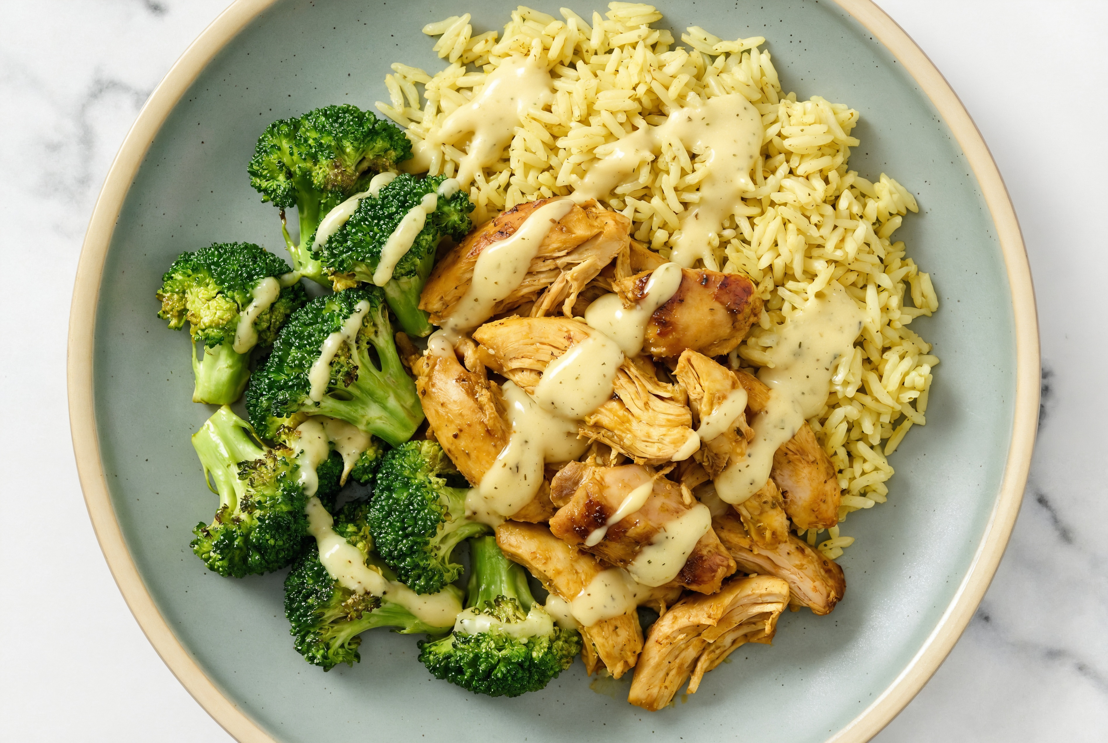  Creamy Honey Mustard Shawarma Chicken Rice Bowl with Broccoli Florets