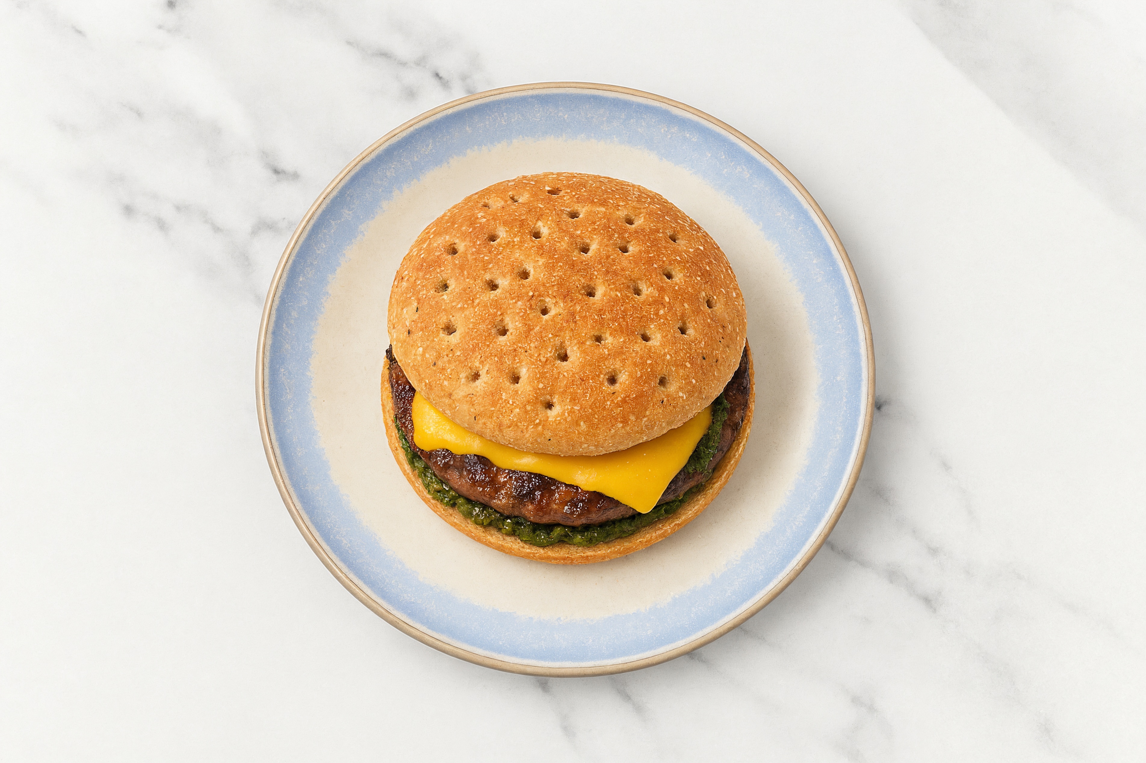 Bison Burger on Multigrain with Spinach Pesto & American
