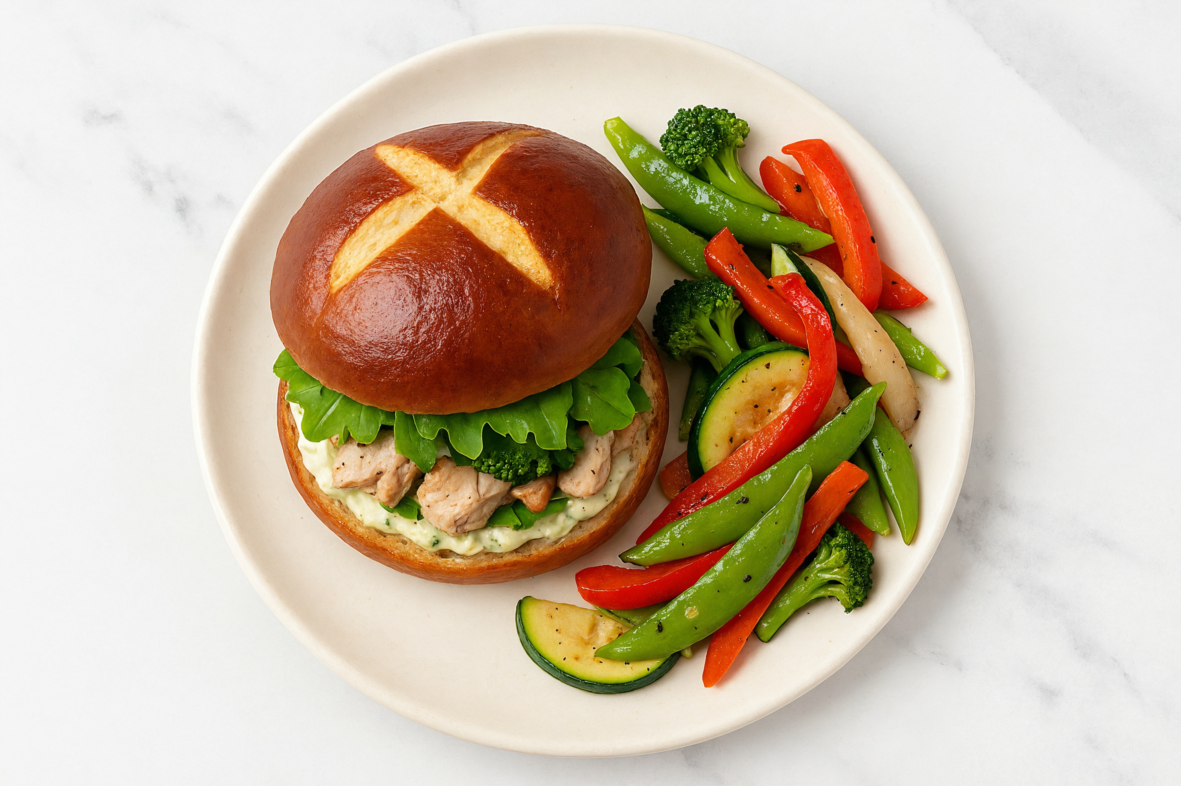Dill Pickle Tuna Sandwich on Pretzel Bun with Spring Mix + Mixed Veggies