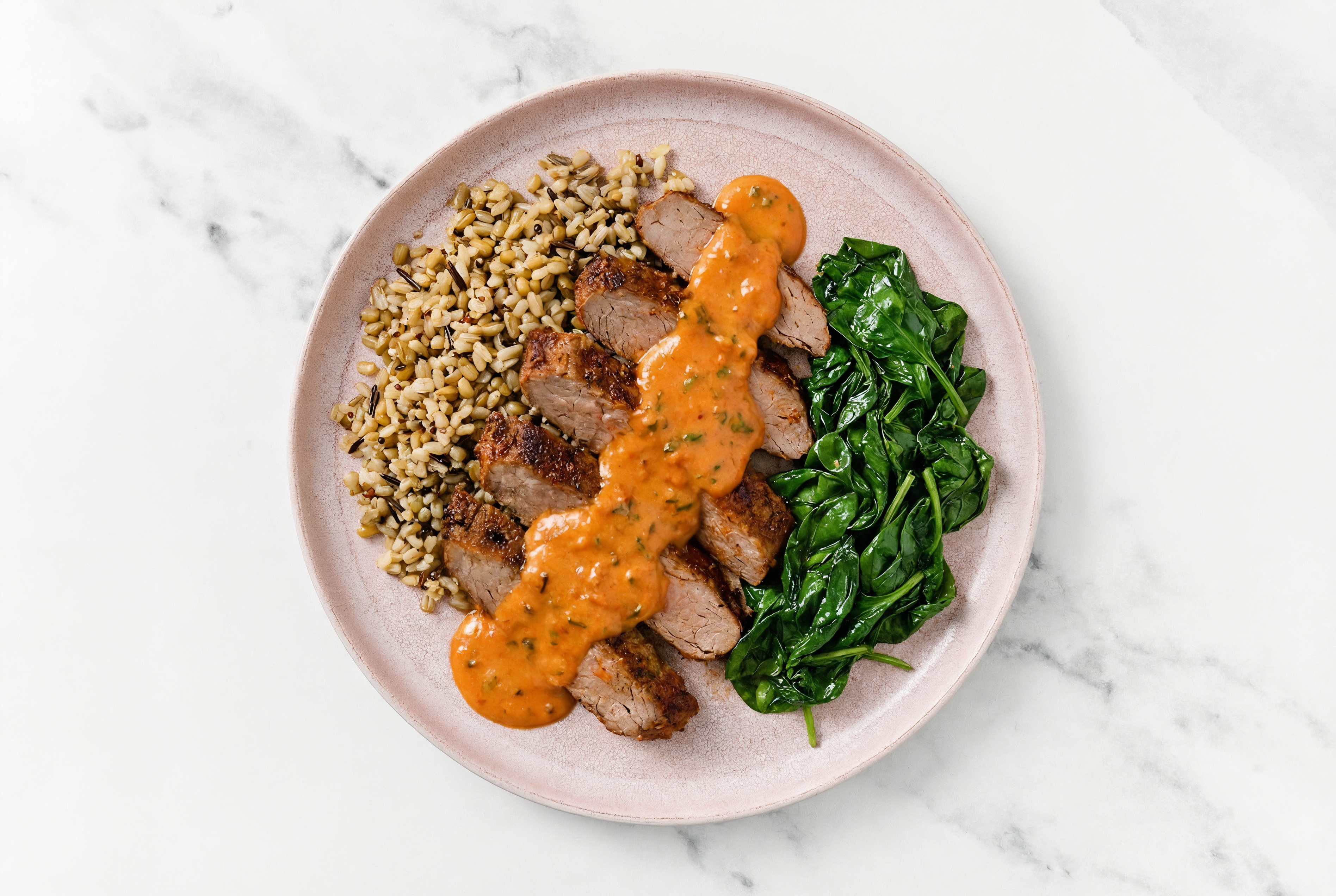 Flank Steak & Spinach Grain Bowl with Creamy Vodka Sauce