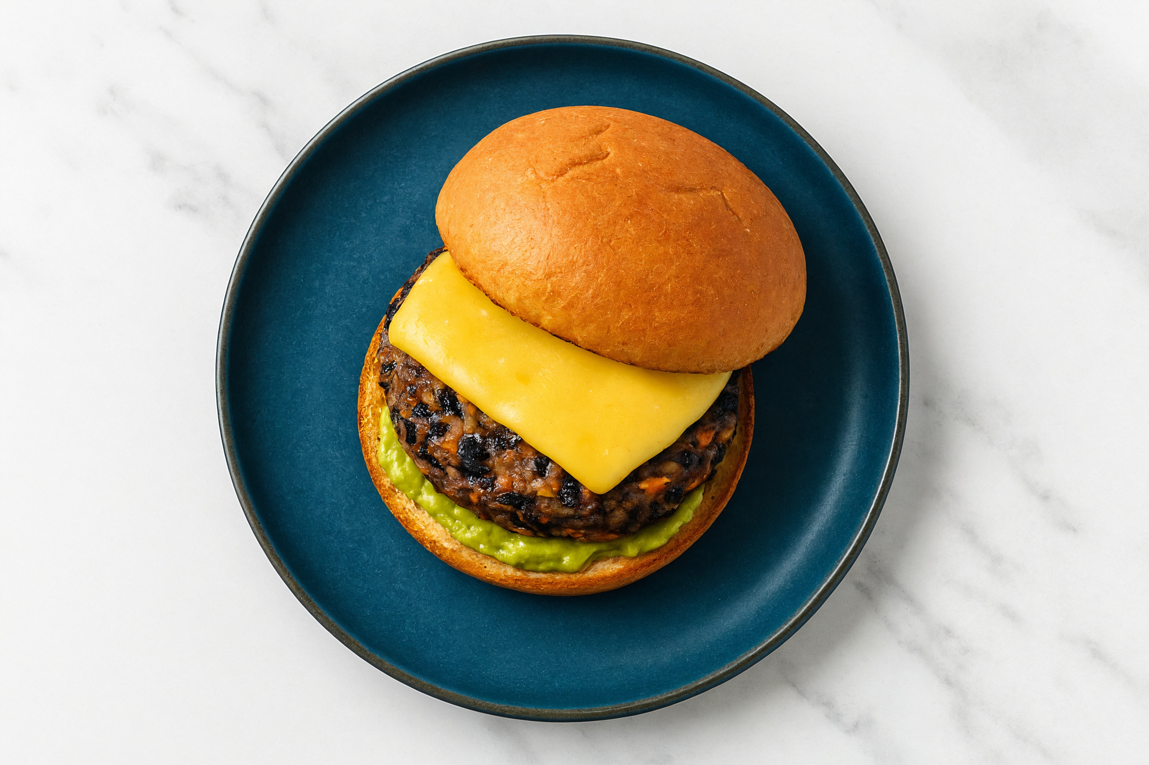 Gouda Black Bean Burger on GF Bun with Guacamole