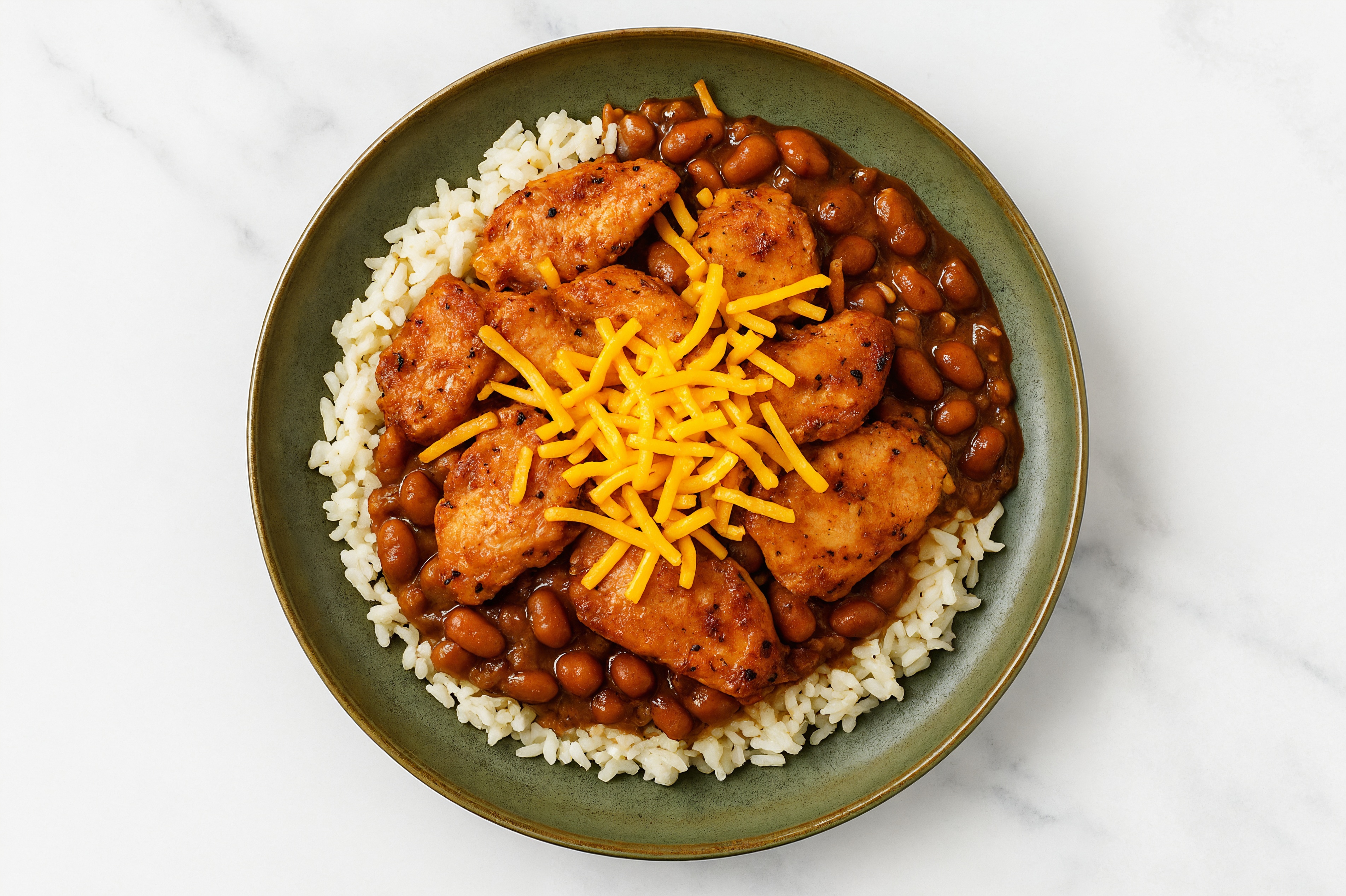 Herby Cheesy Rotisserie Chicken Burrito Bowl with Shredded Sharp Cheddar Cheese