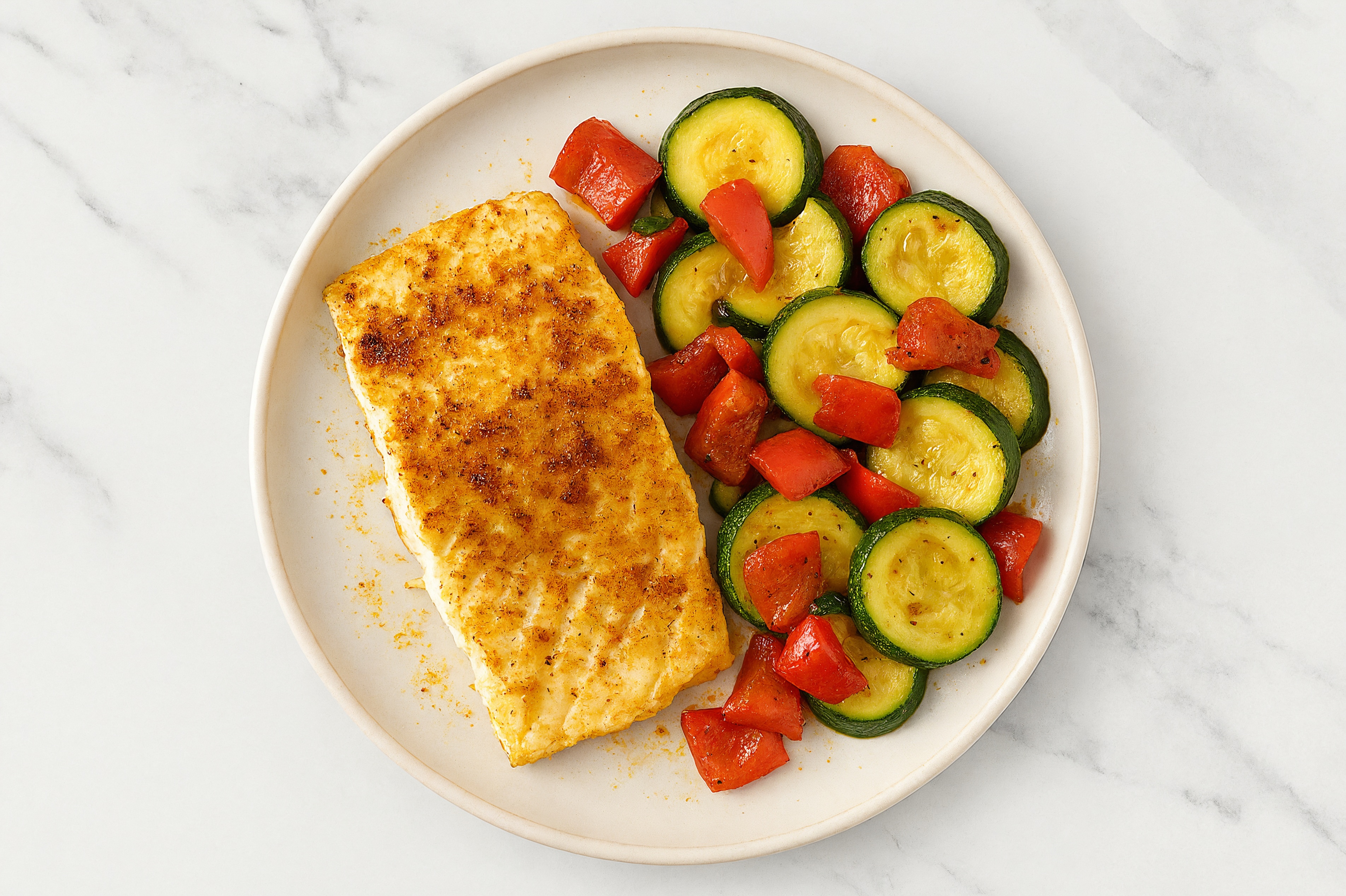 Curry Wild Halibut with Sautéed Peppers + Zucchini