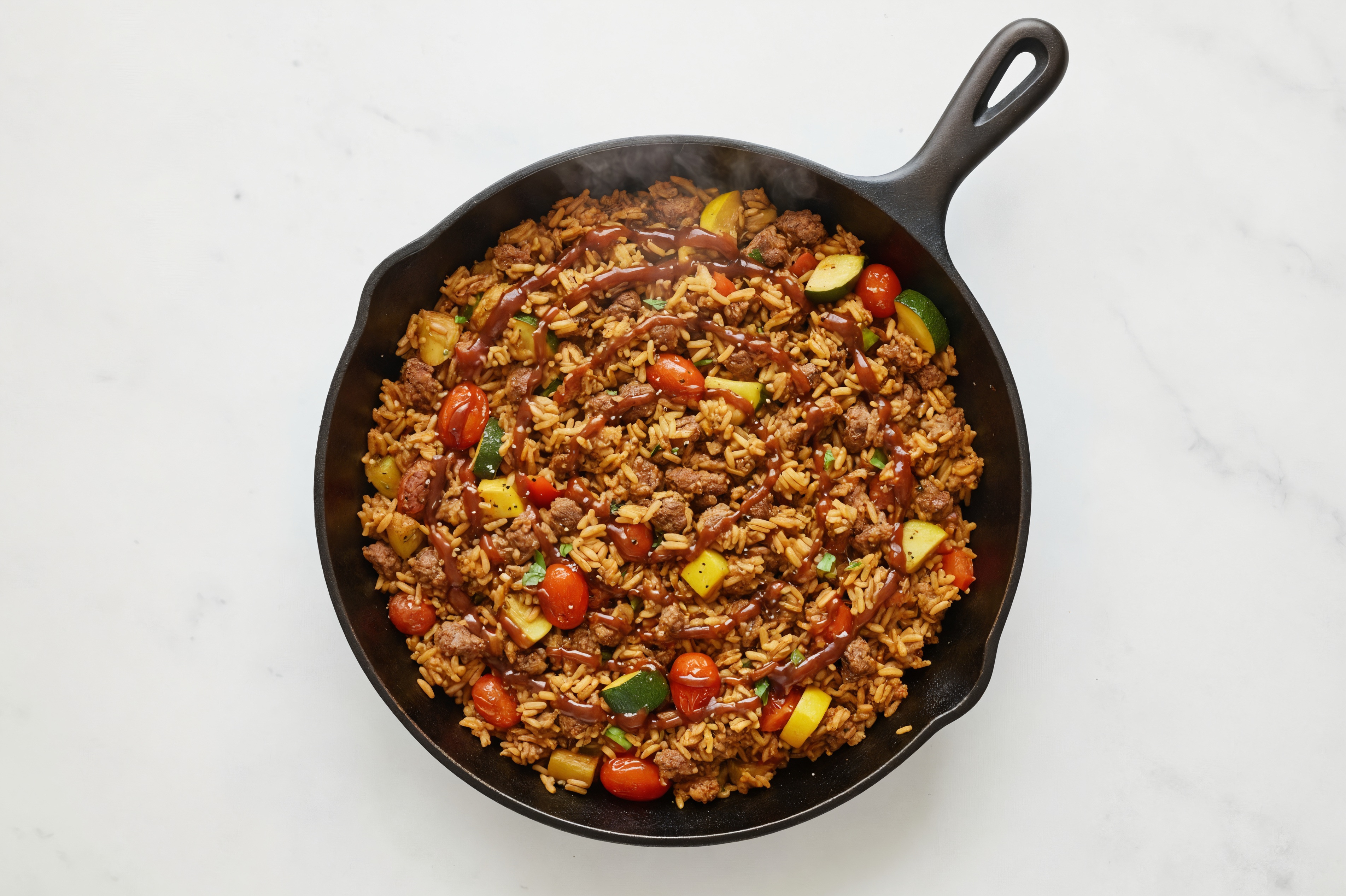 Teriyaki Squash + Ground Beef Patties Stir-Fry