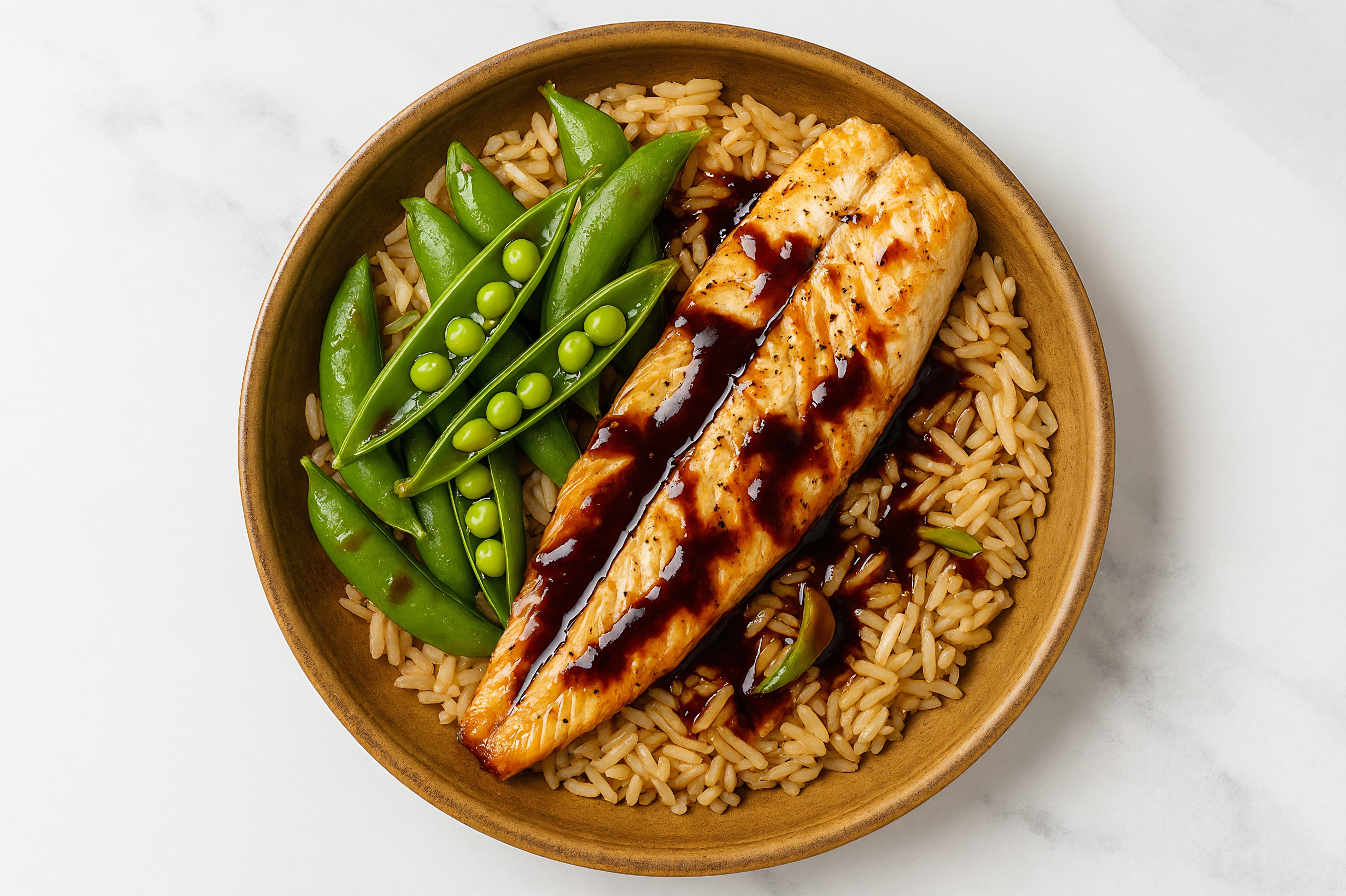 Sweet Teriyaki Trout + Rice Bowl with Snap Peas