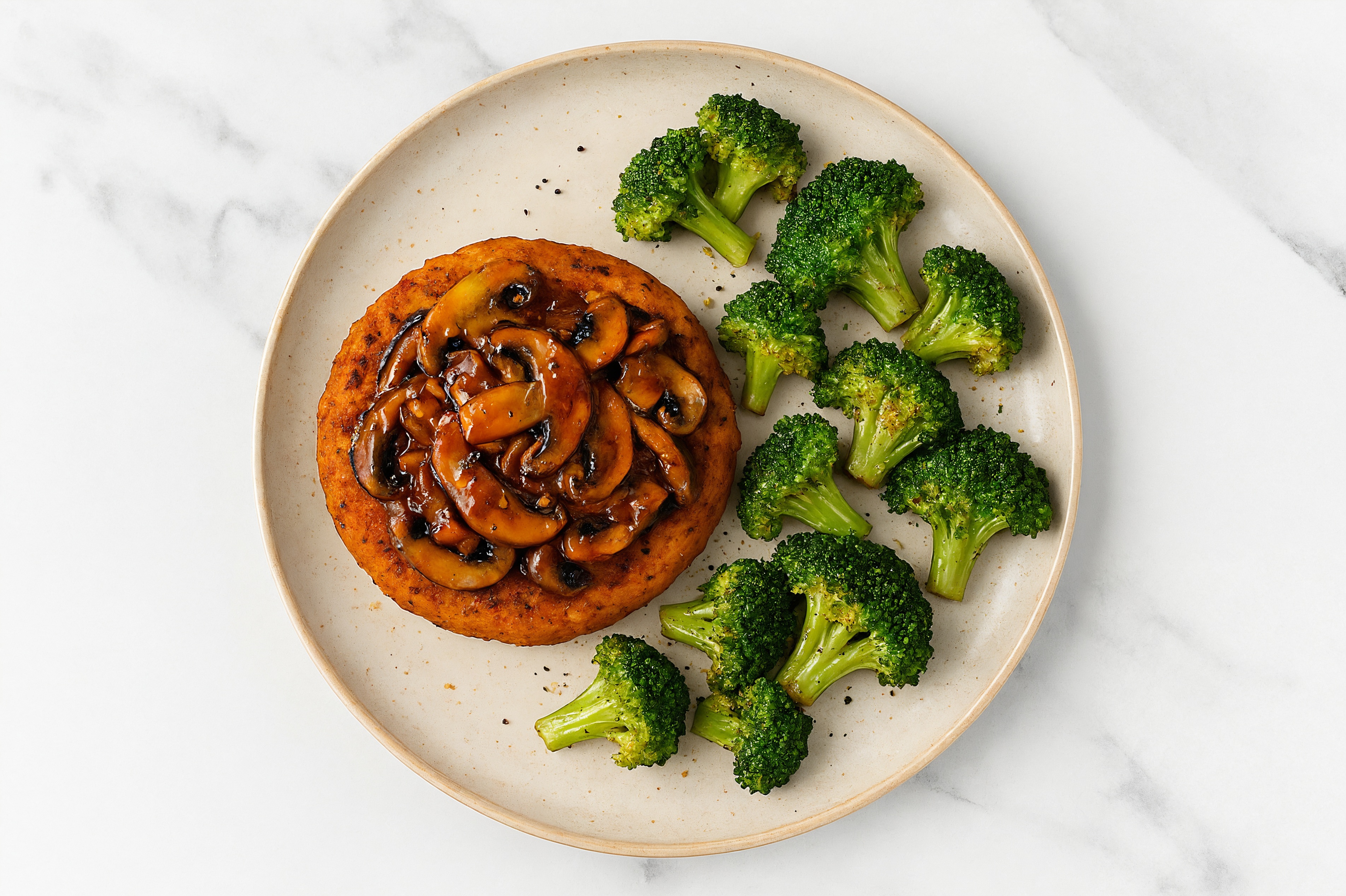 Sweet Potato Patty Plate with Chili Crisp Broccoli + Portabella Mushroom Bowl