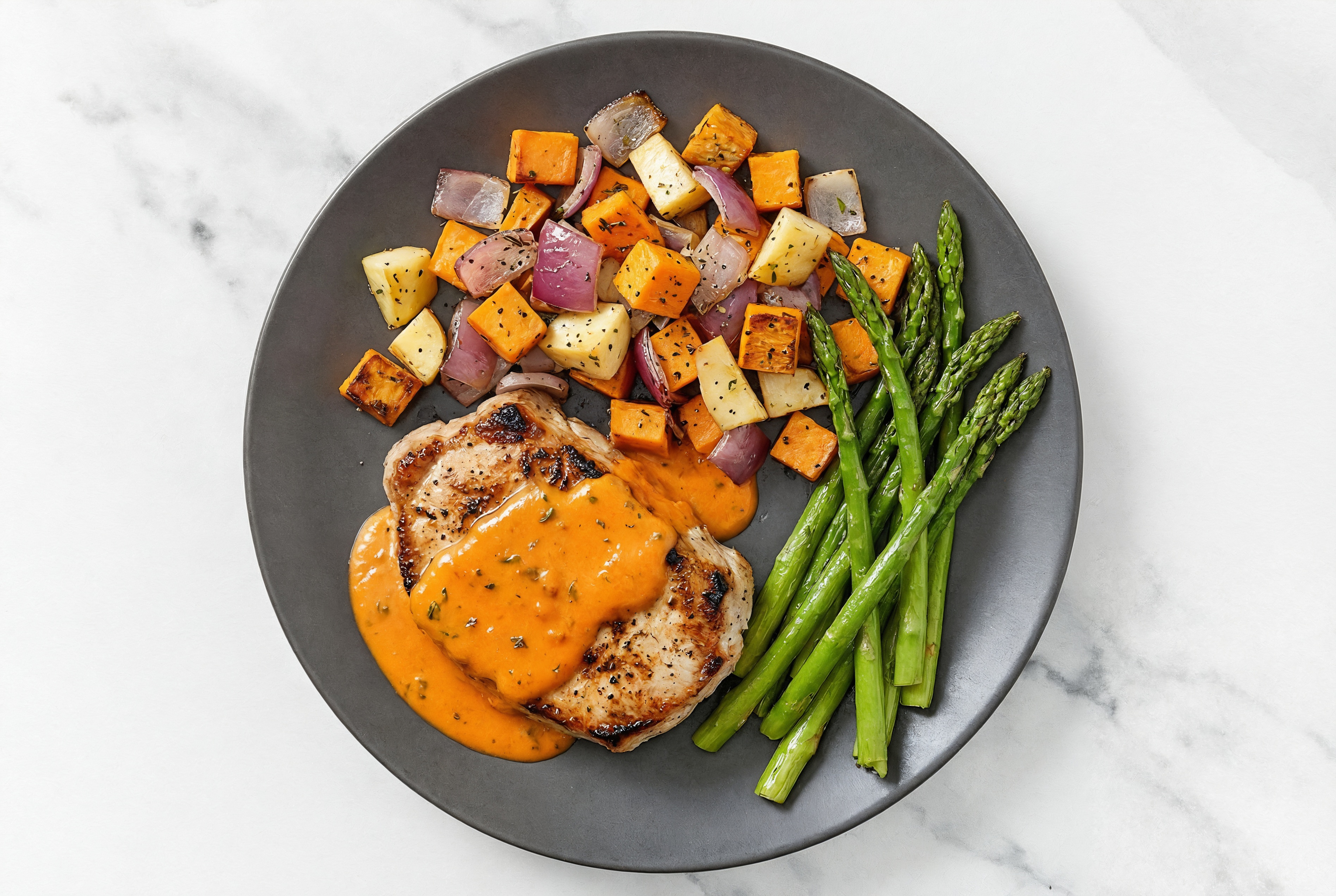 Creamy Vodka Smothered Pork Chops with Asparagus & Roasted Vegetables