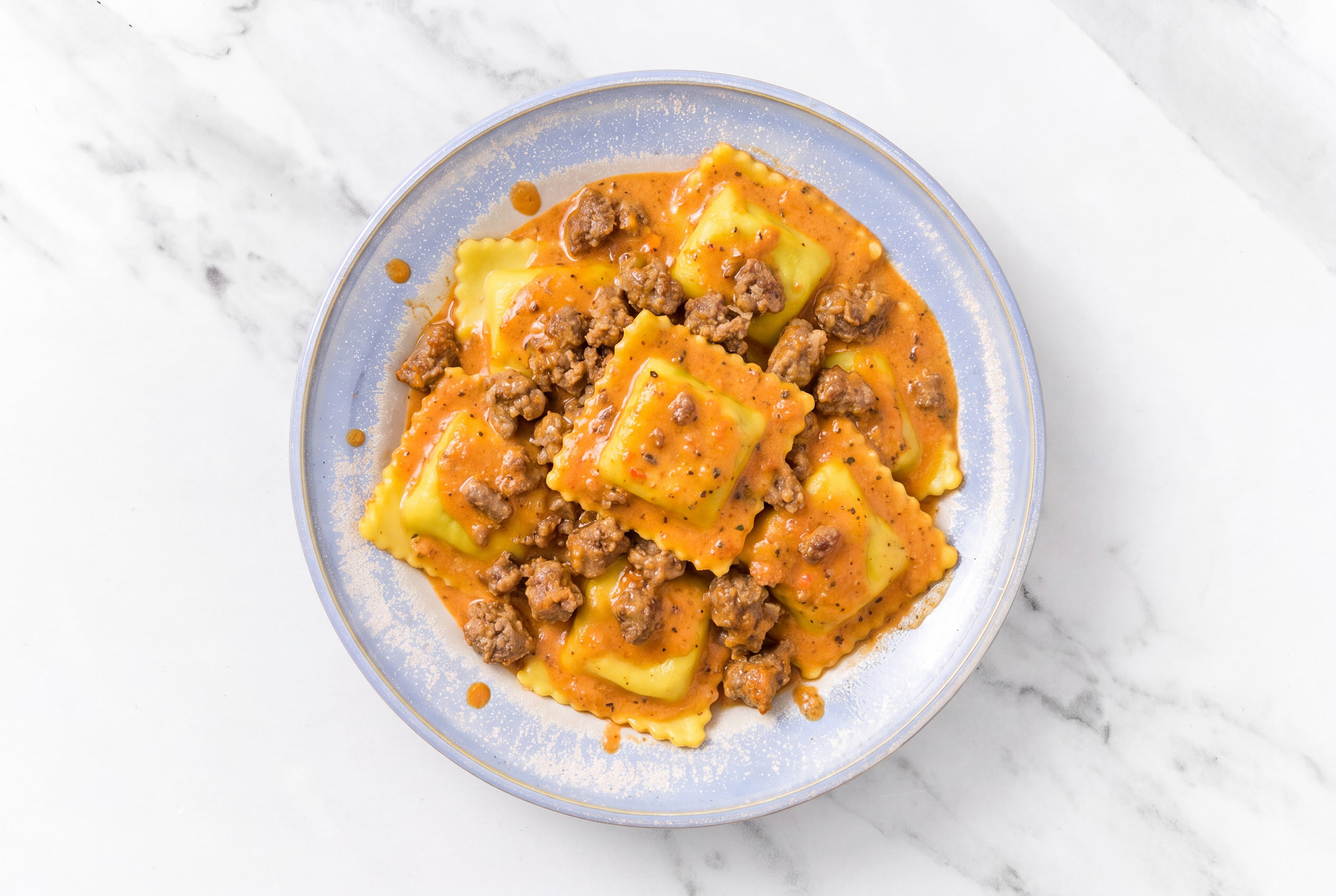 Spinach Ravioli with Creamy Bison Meat Sauce