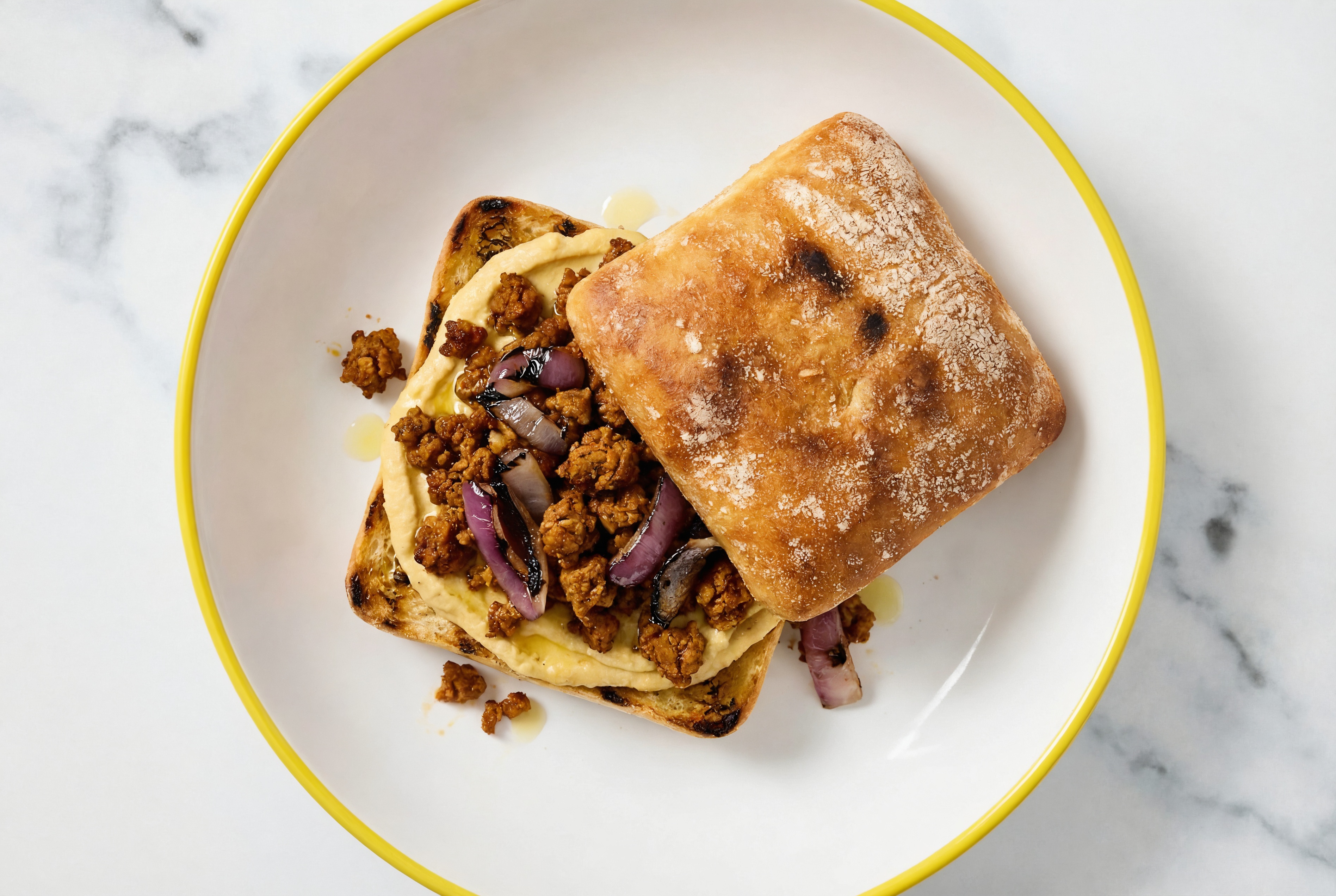 Grilled French Onion Hummus Toast with "Chorizo"