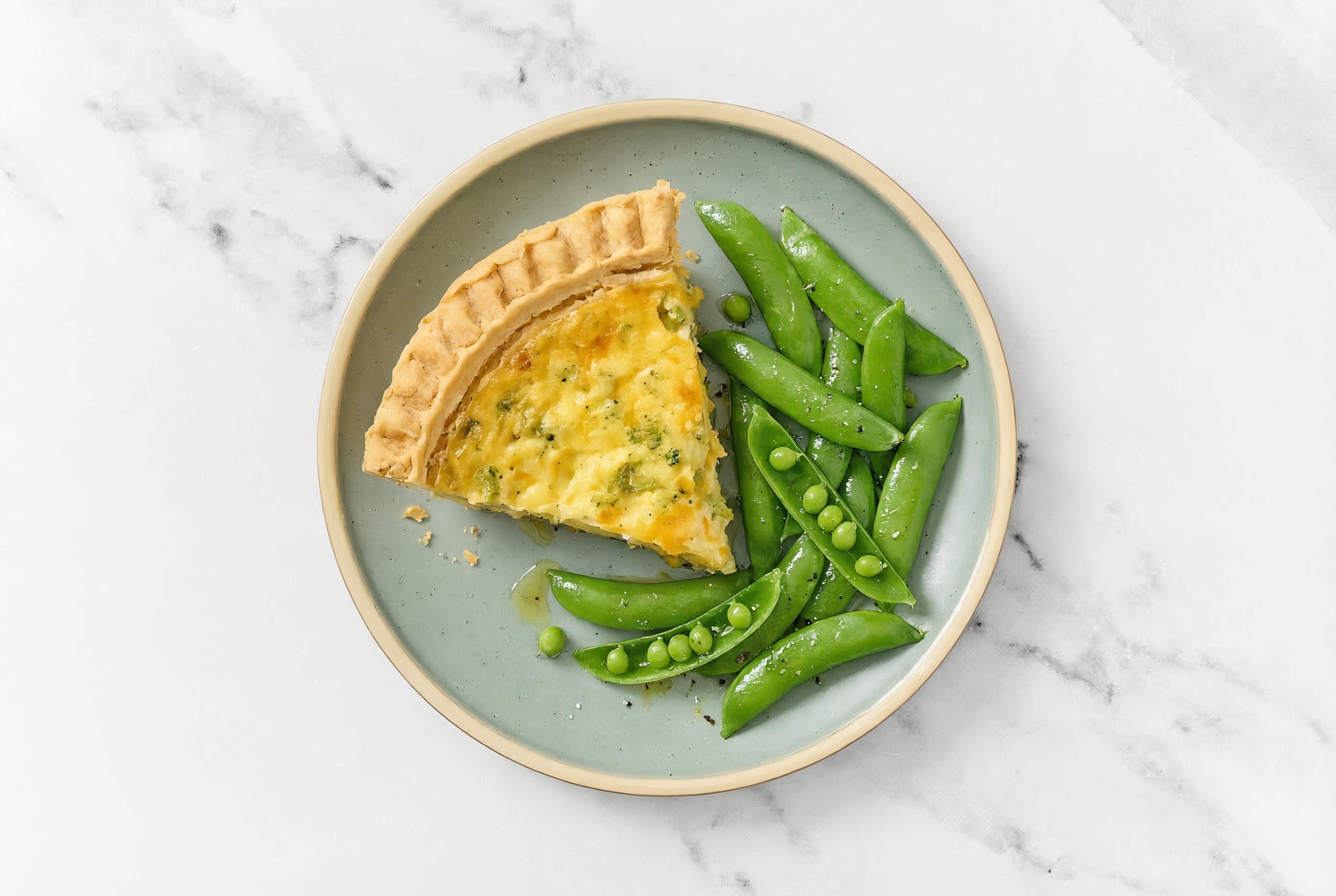 Broccoli & Cheddar Quiche with Snap Peas