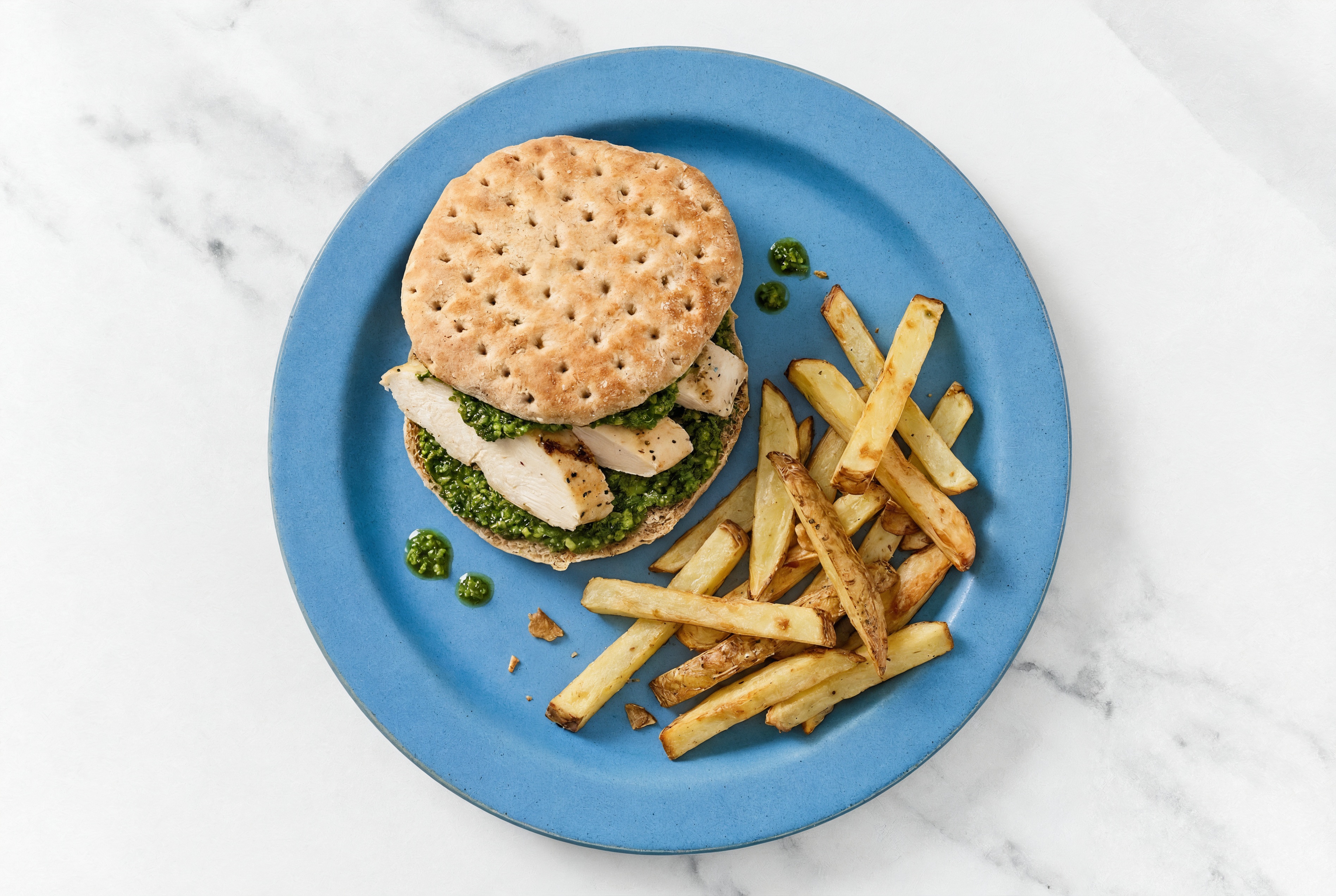 Garden Grilled Kale Pesto Seasoned Chicken Breast Sandwich + Fries