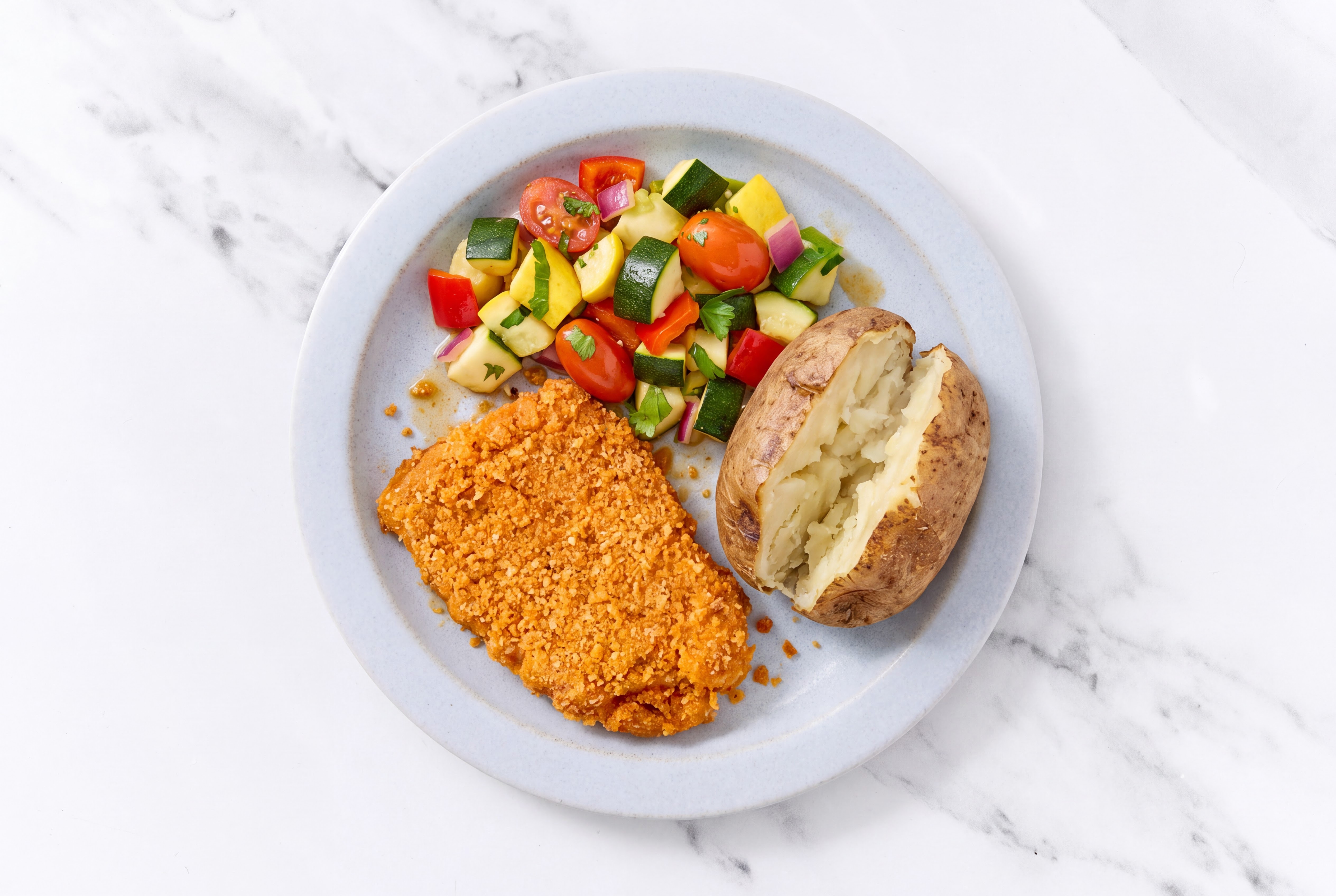 Hot Honey Breaded Chicken Cutlet with Squash Skillet & Russet Potato