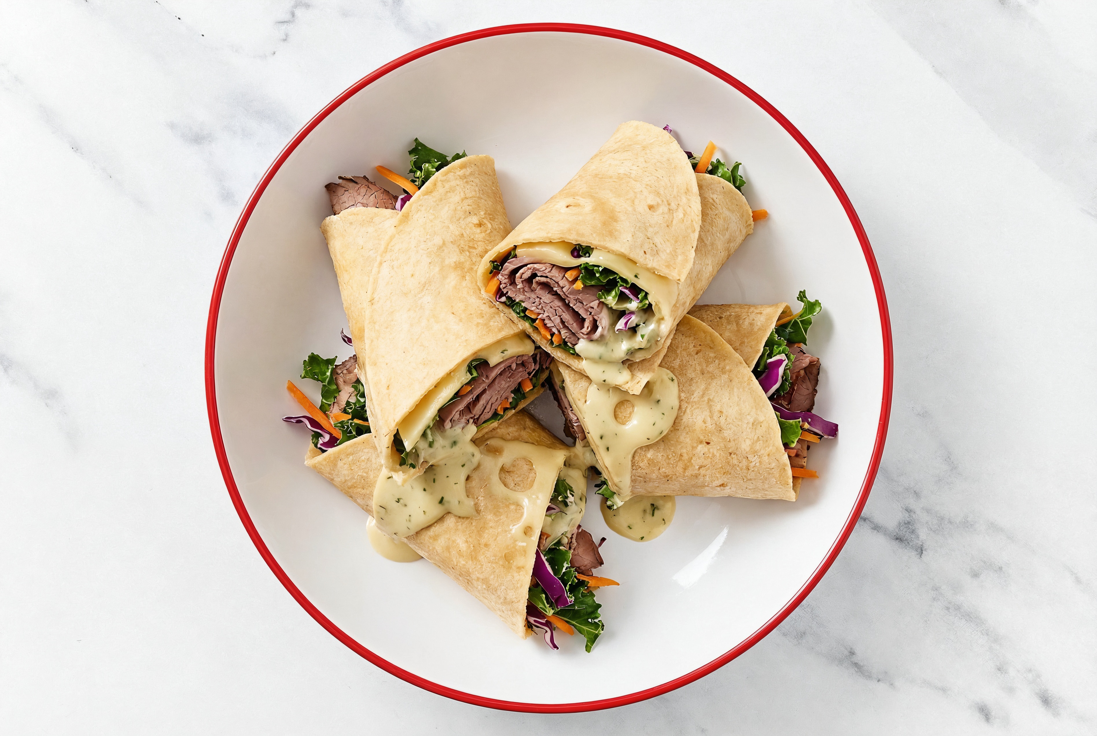 Herby Roast Beef + Swiss Tortilla Wraps with Rainbow Veggies