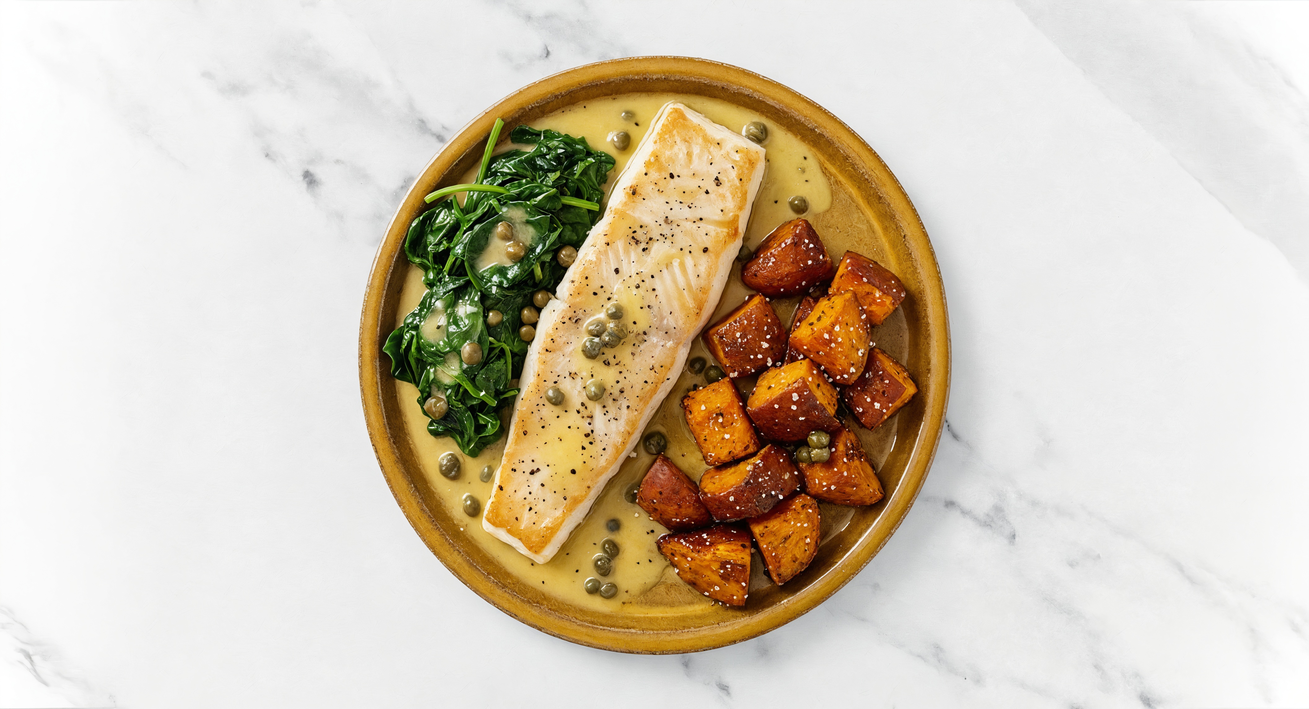 Caper-Butter Trout with Sweet Potatoes & Spinach