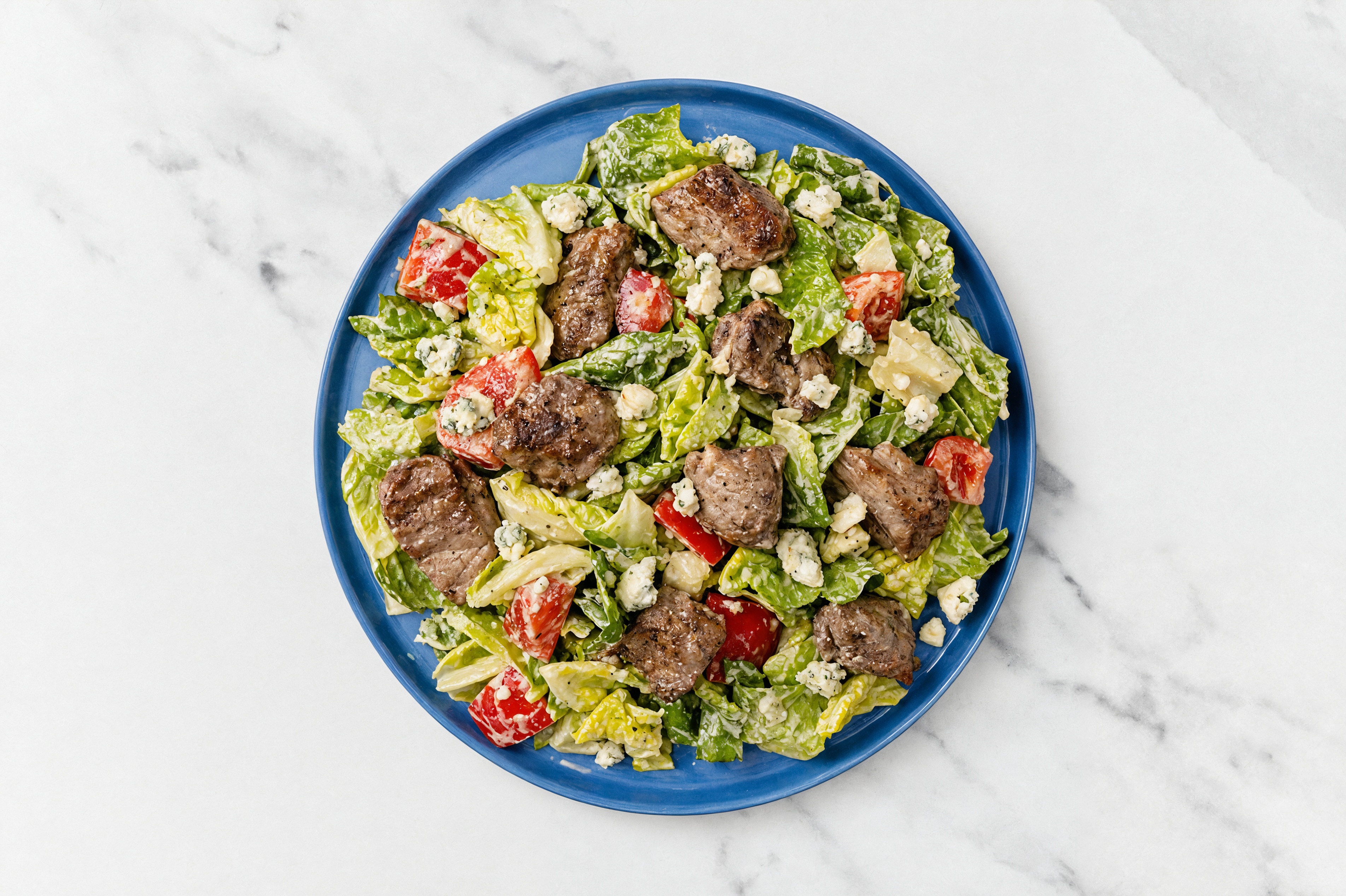 Lamb + Blue Cheese Miso Caesar Salad with Red Bell Pepper