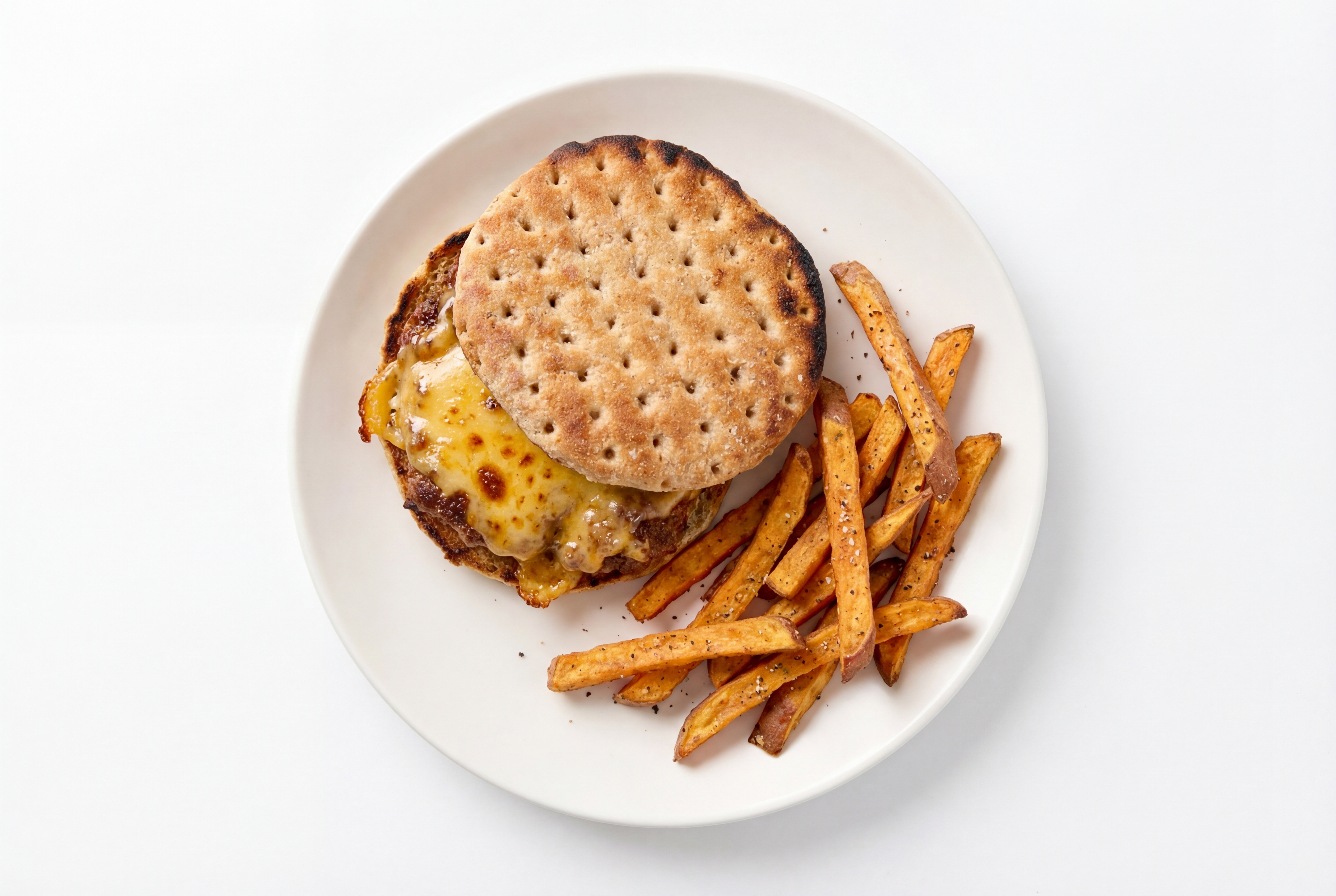 Cheesy Mexican-Style Ground Beef Burger + Sweet Potato Fries