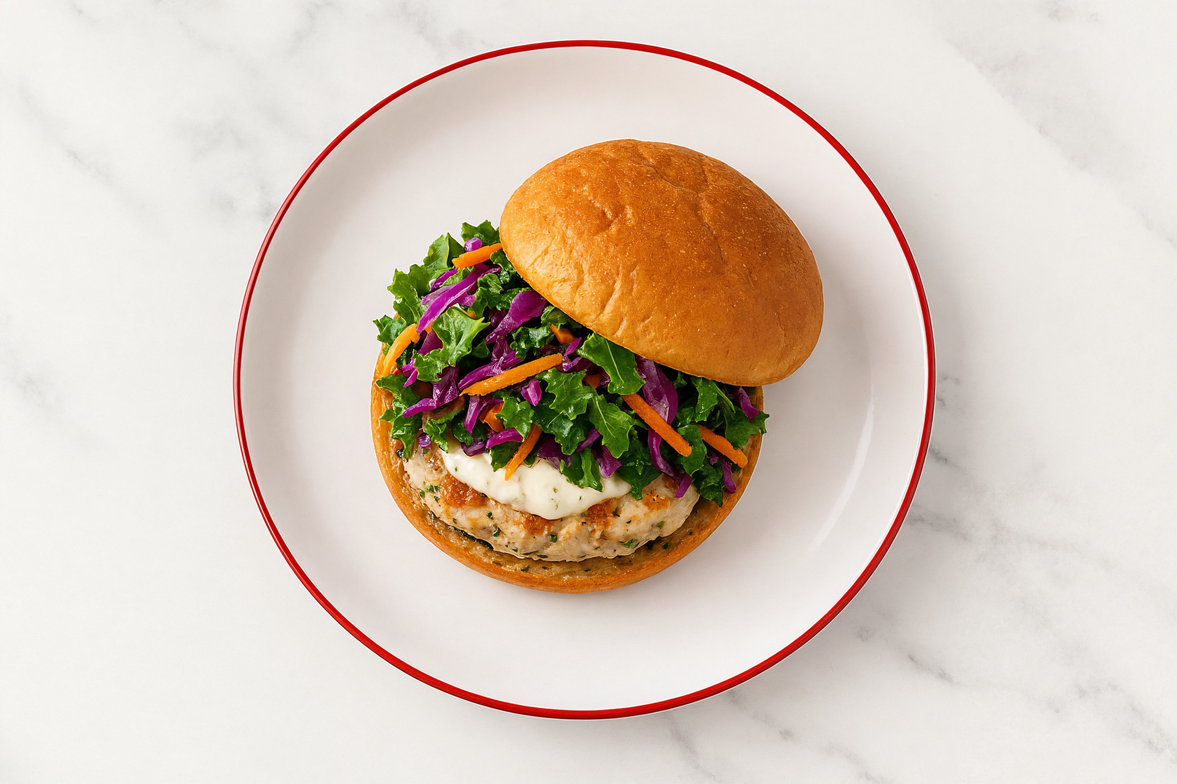 Rainbow Veggie Chicken Burger on GF Bun with Garlic Sauce