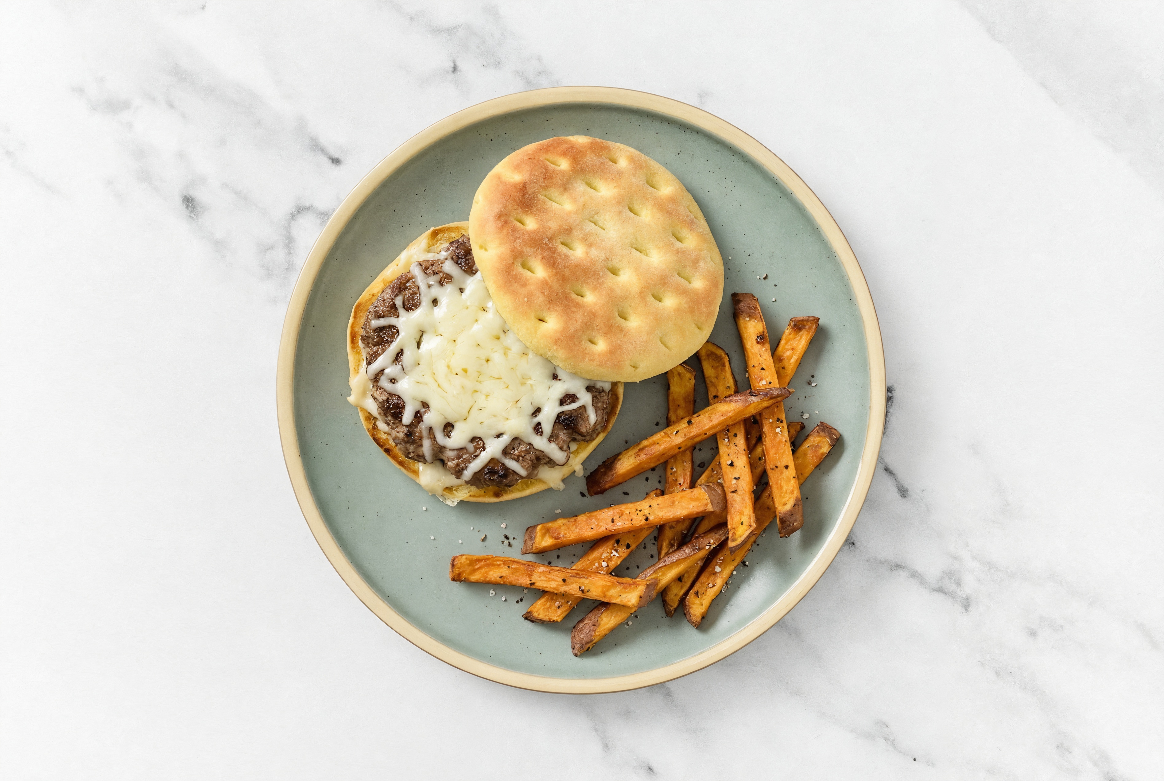 Savory Melty Mozz Burger + Sweet Potato Fries with Ground Beef Patties