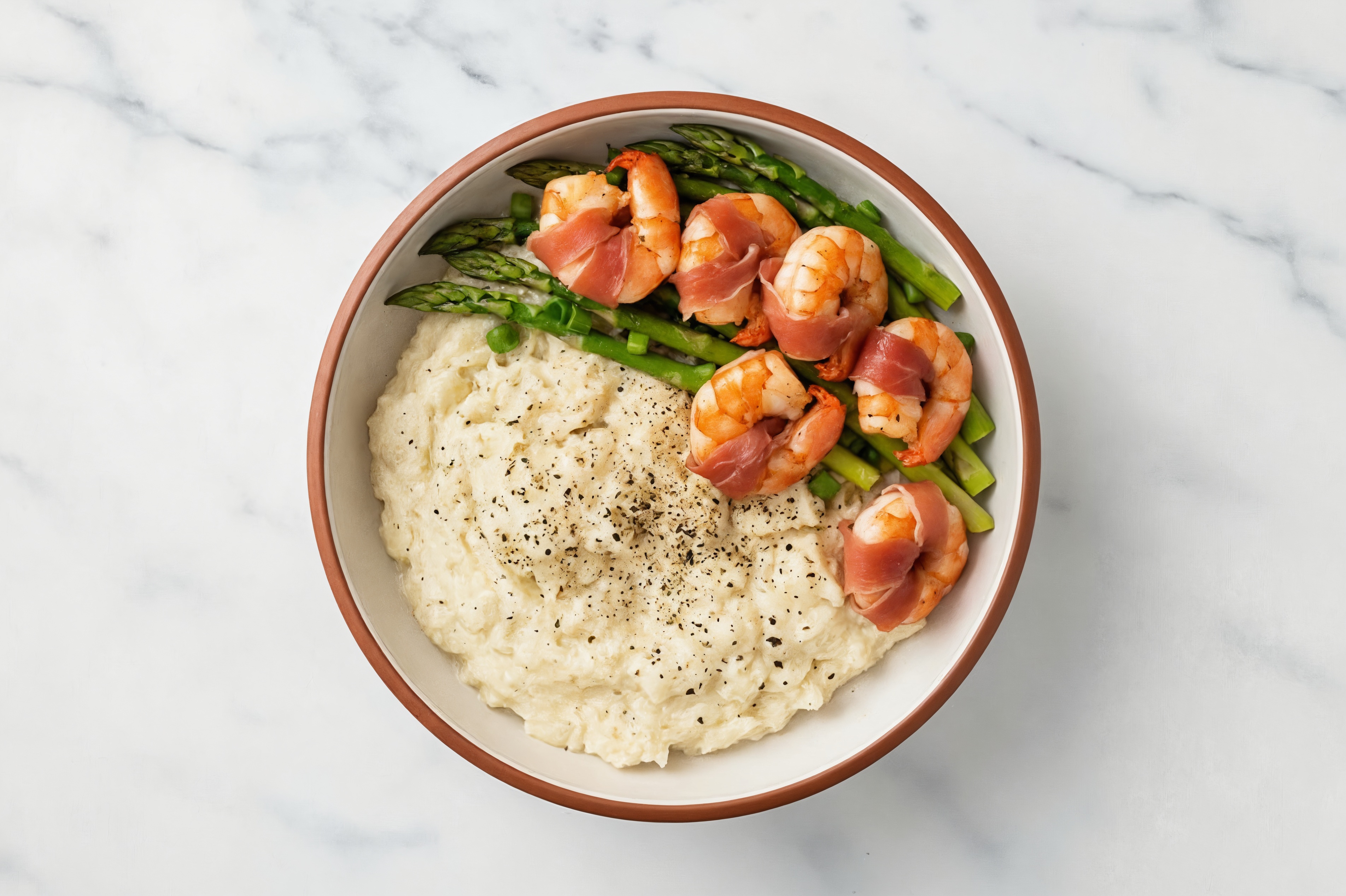 Prosciutto-Wrapped Jumbo Shrimp + Cauliflower Mash