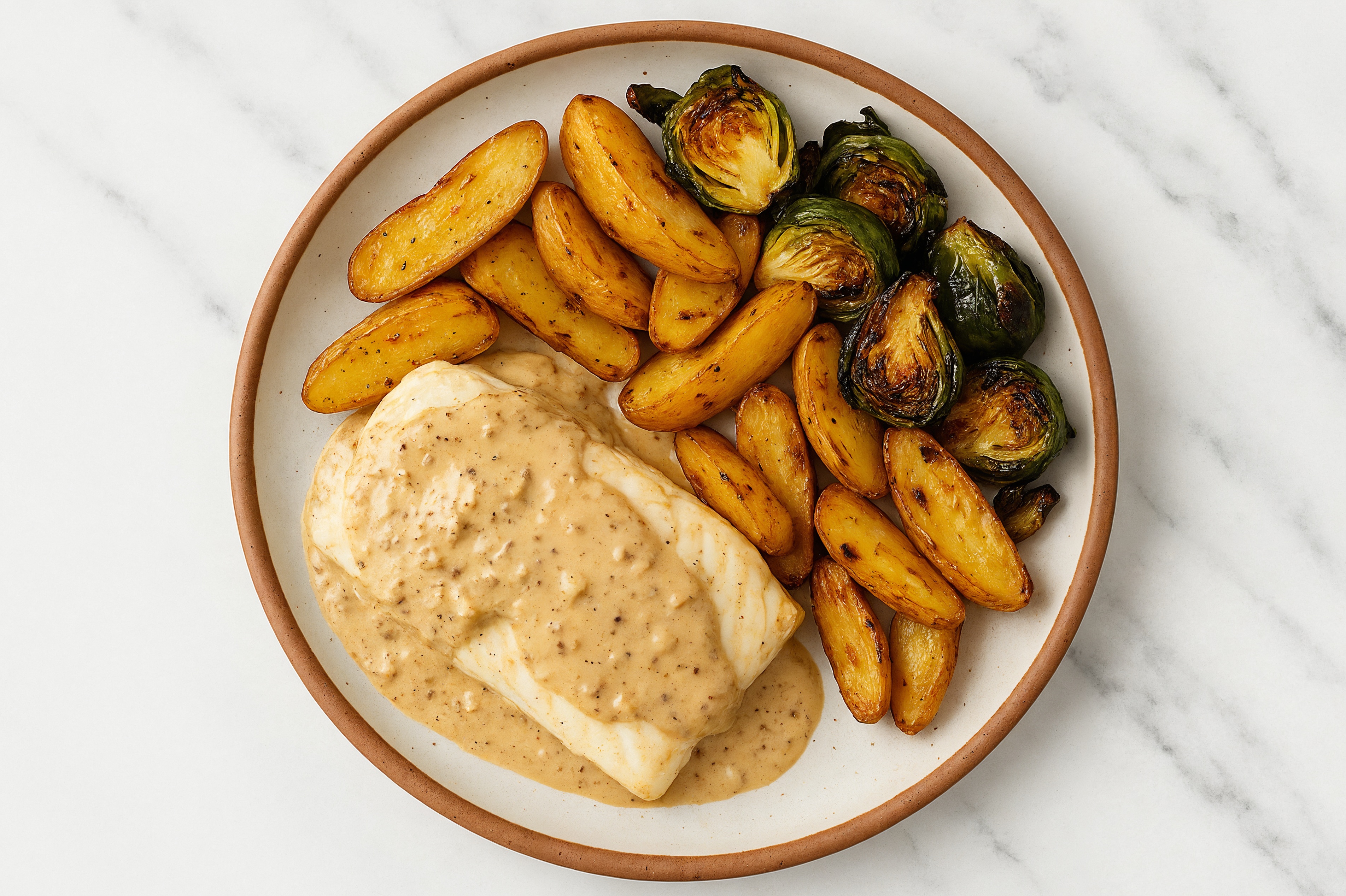 French Onion Halibut with Potatoes + Brussels