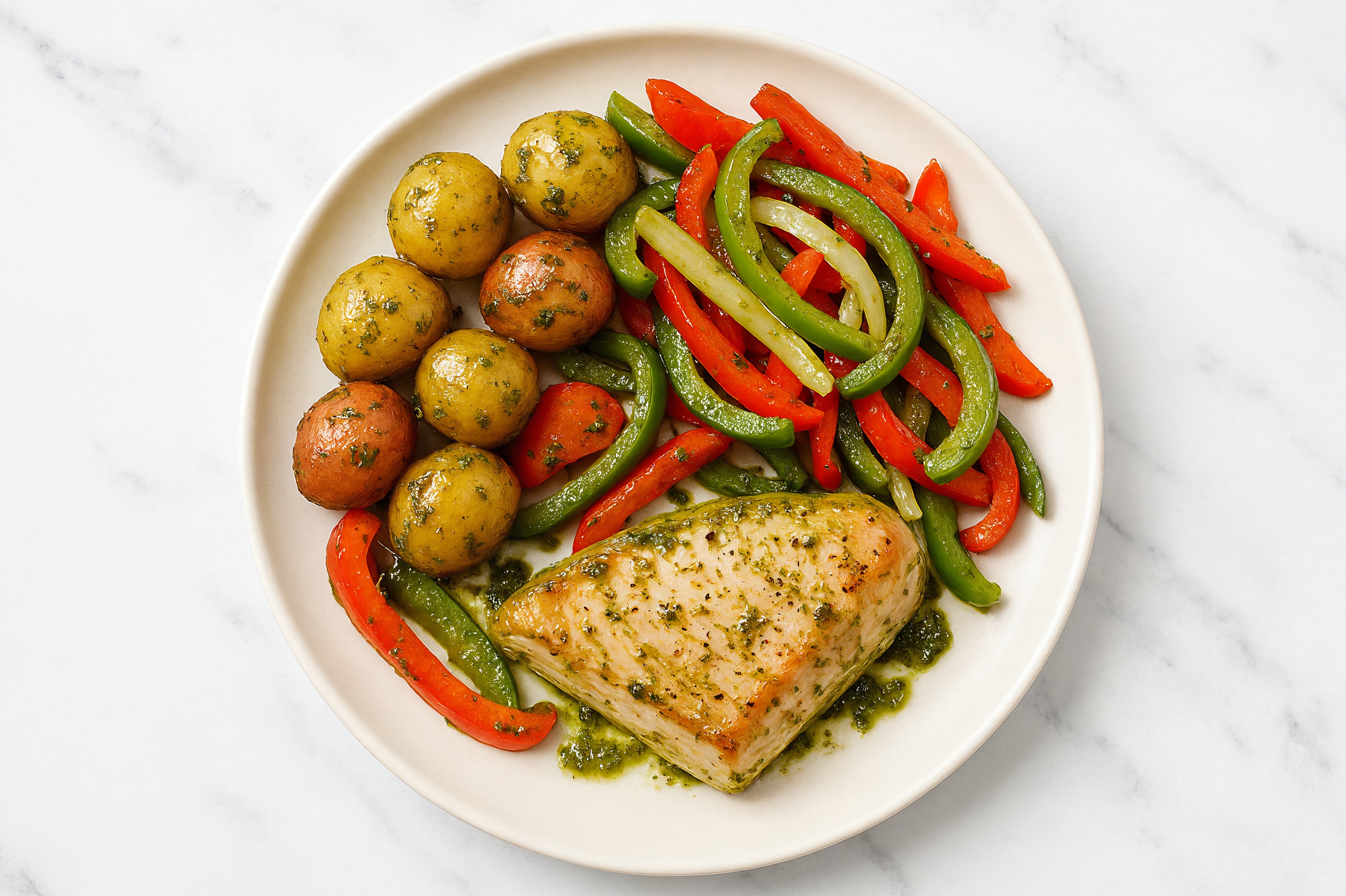 Sheet Pan Pesto-Tuna with Potatoes & Peppers